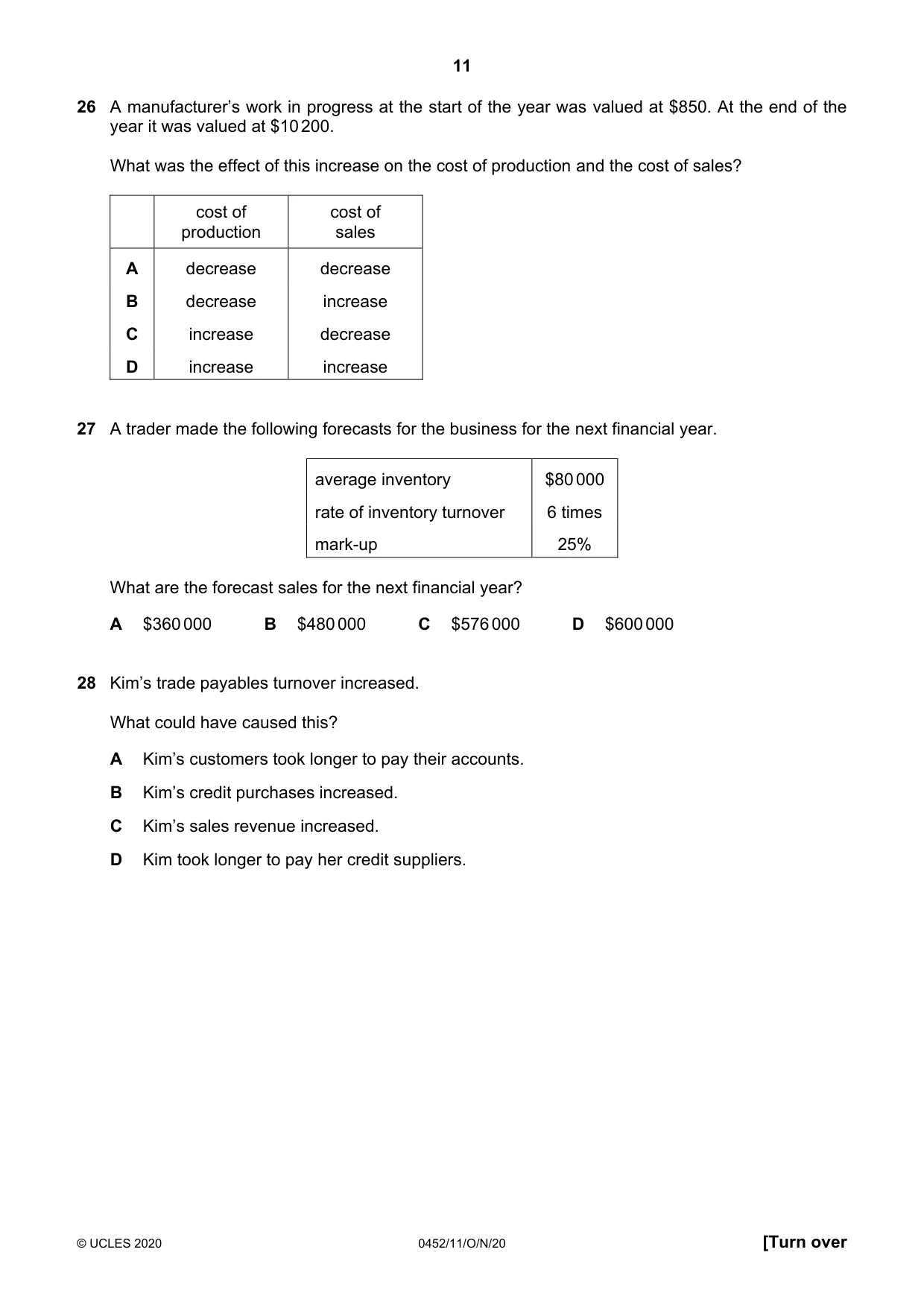 Cambridge IGCSE Accounting 0452 2020 Oct/Nov Paper 1 · Variant 1 question paper, page 11 of 16