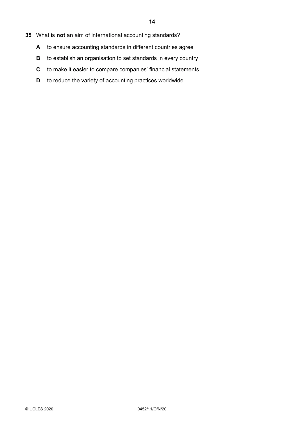 Cambridge IGCSE Accounting 0452 2020 Oct/Nov Paper 1 · Variant 1 question paper, page 14 of 16