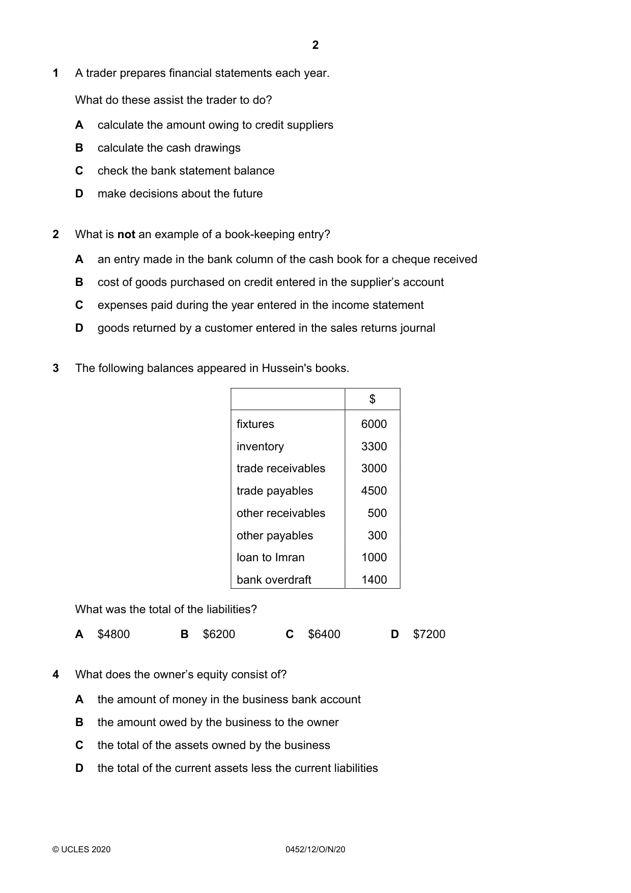 Cambridge IGCSE Accounting 0452 2020 Oct/Nov Paper 1 · Variant 2 question paper, page 2 of 12
