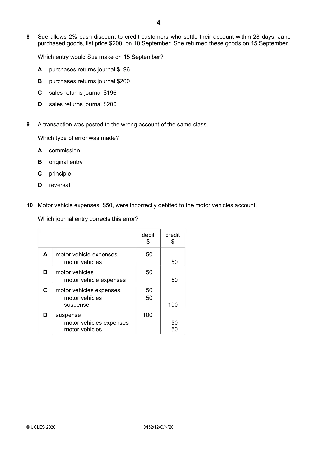 Cambridge IGCSE Accounting 0452 2020 Oct/Nov Paper 1 · Variant 2 question paper, page 4 of 12
