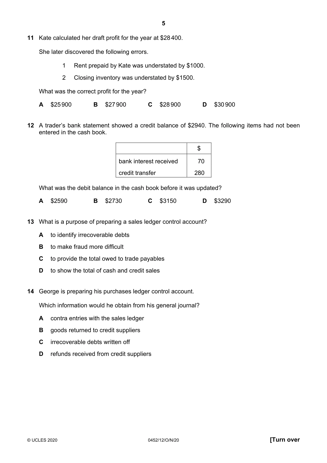 Cambridge IGCSE Accounting 0452 2020 Oct/Nov Paper 1 · Variant 2 question paper, page 5 of 12