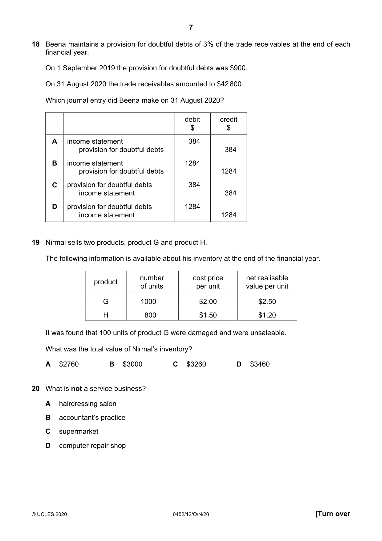 Cambridge IGCSE Accounting 0452 2020 Oct/Nov Paper 1 · Variant 2 question paper, page 7 of 12