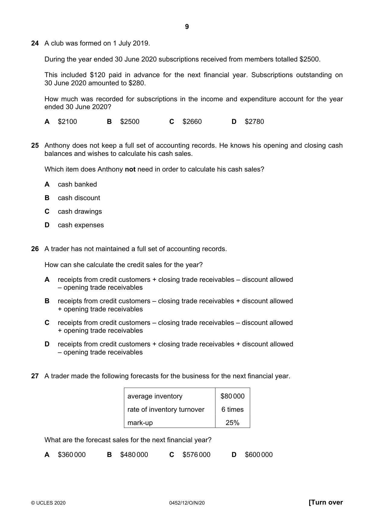Cambridge IGCSE Accounting 0452 2020 Oct/Nov Paper 1 · Variant 2 question paper, page 9 of 12