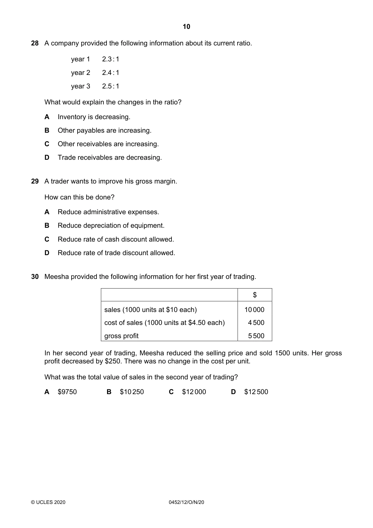 Cambridge IGCSE Accounting 0452 2020 Oct/Nov Paper 1 · Variant 2 question paper, page 10 of 12