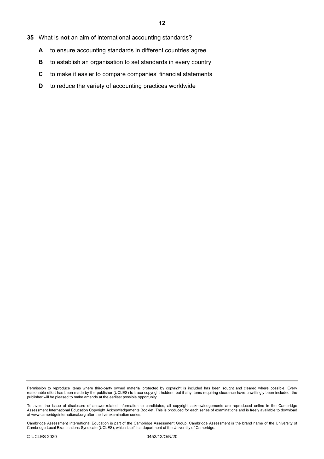 Cambridge IGCSE Accounting 0452 2020 Oct/Nov Paper 1 · Variant 2 question paper, page 12 of 12