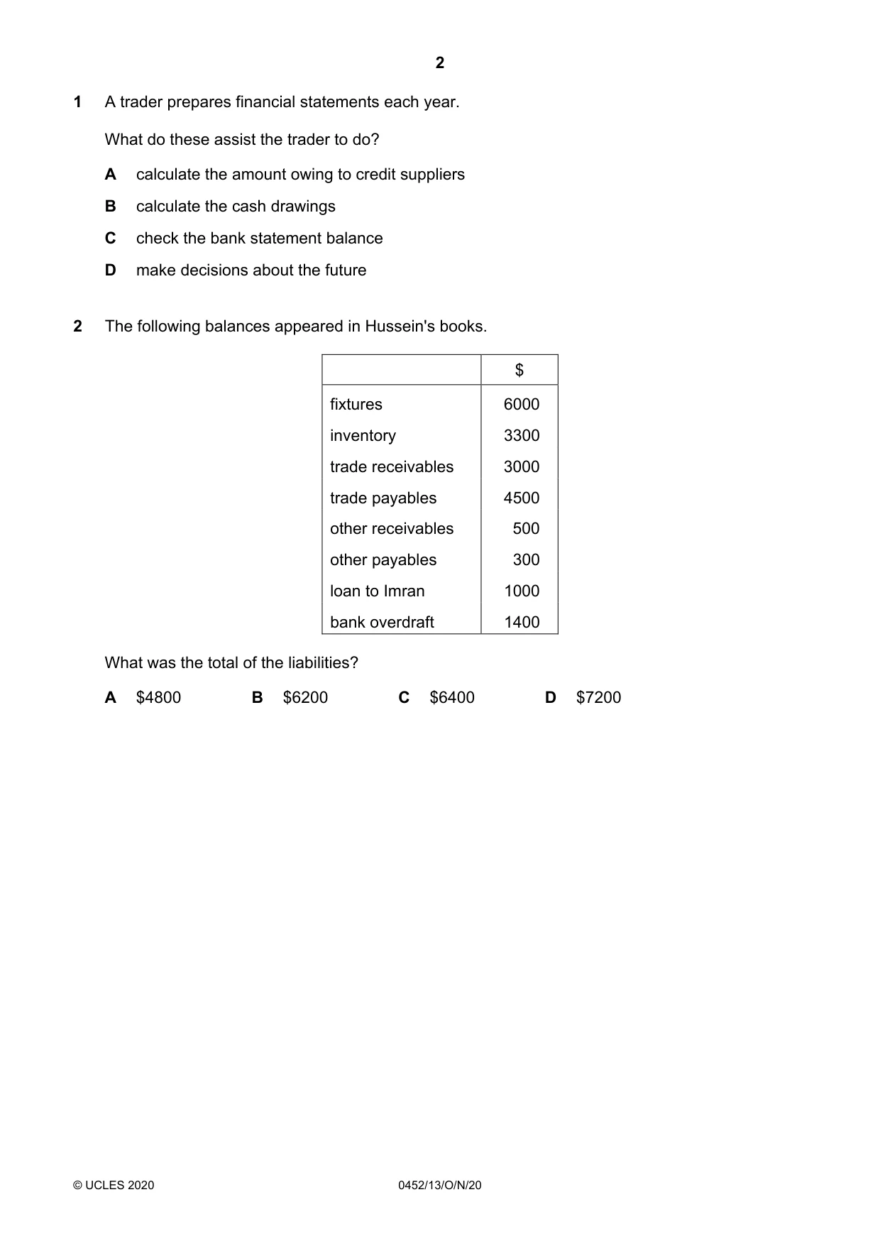 Cambridge IGCSE Accounting 0452 2020 Oct/Nov Paper 1 · Variant 3 question paper, page 2 of 16