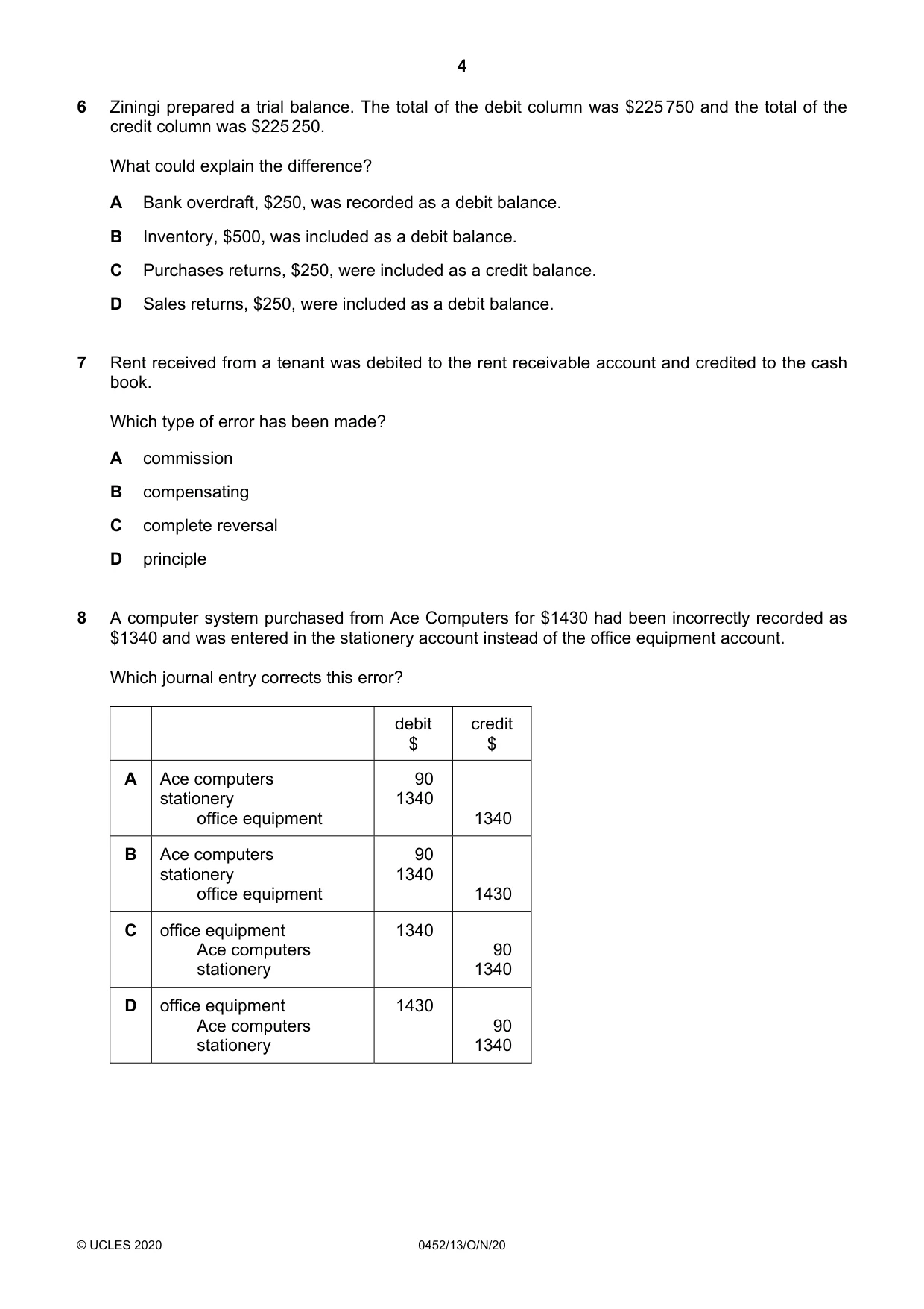 Cambridge IGCSE Accounting 0452 2020 Oct/Nov Paper 1 · Variant 3 question paper, page 4 of 16