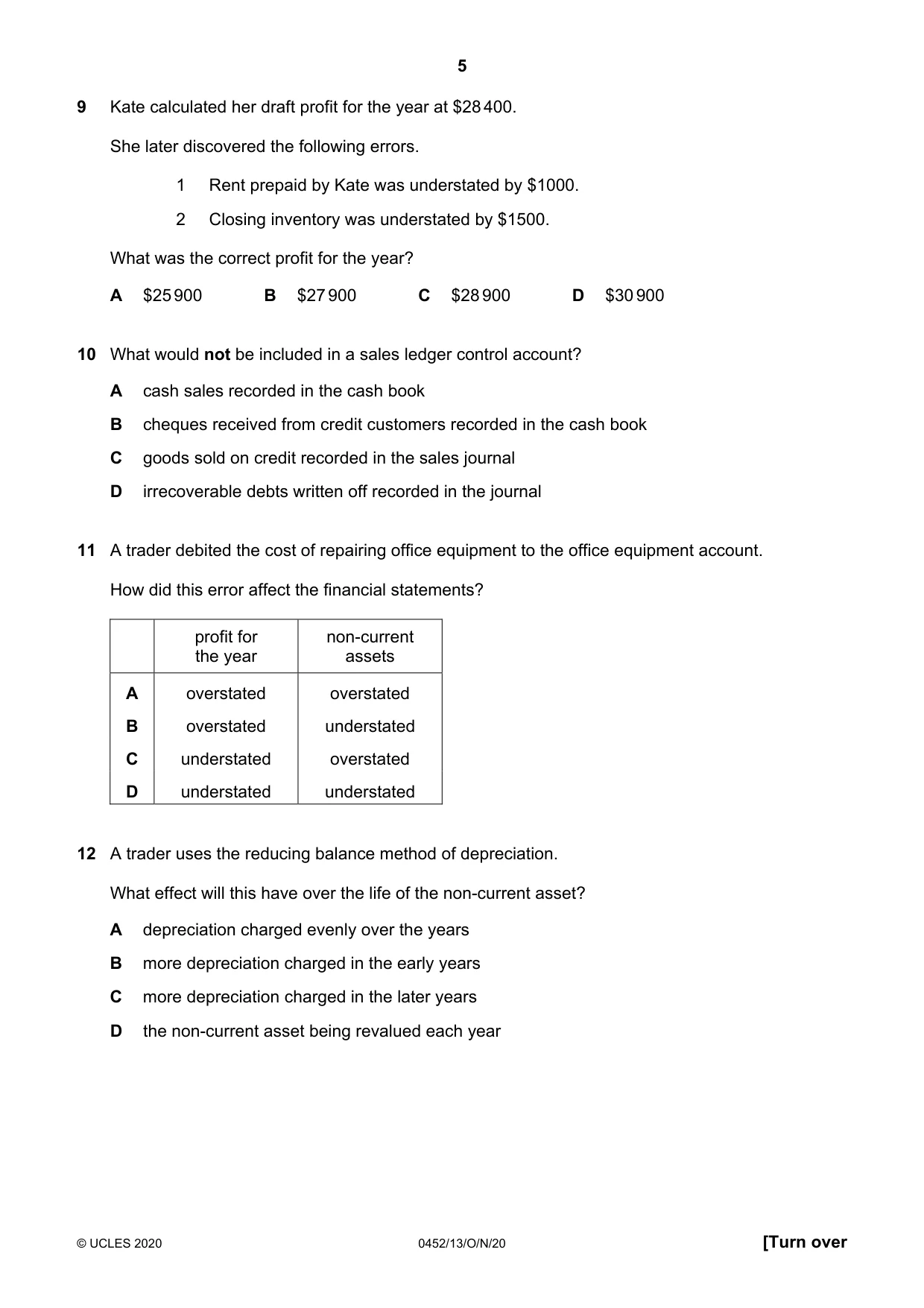 Cambridge IGCSE Accounting 0452 2020 Oct/Nov Paper 1 · Variant 3 question paper, page 5 of 16