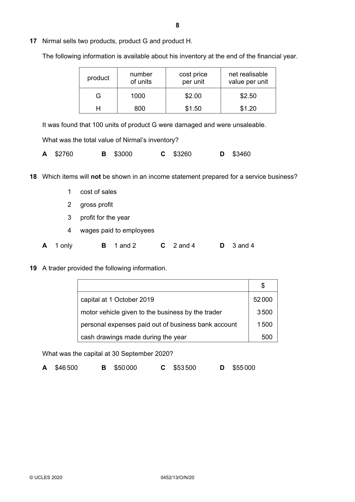 Cambridge IGCSE Accounting 0452 2020 Oct/Nov Paper 1 · Variant 3 question paper, page 8 of 16