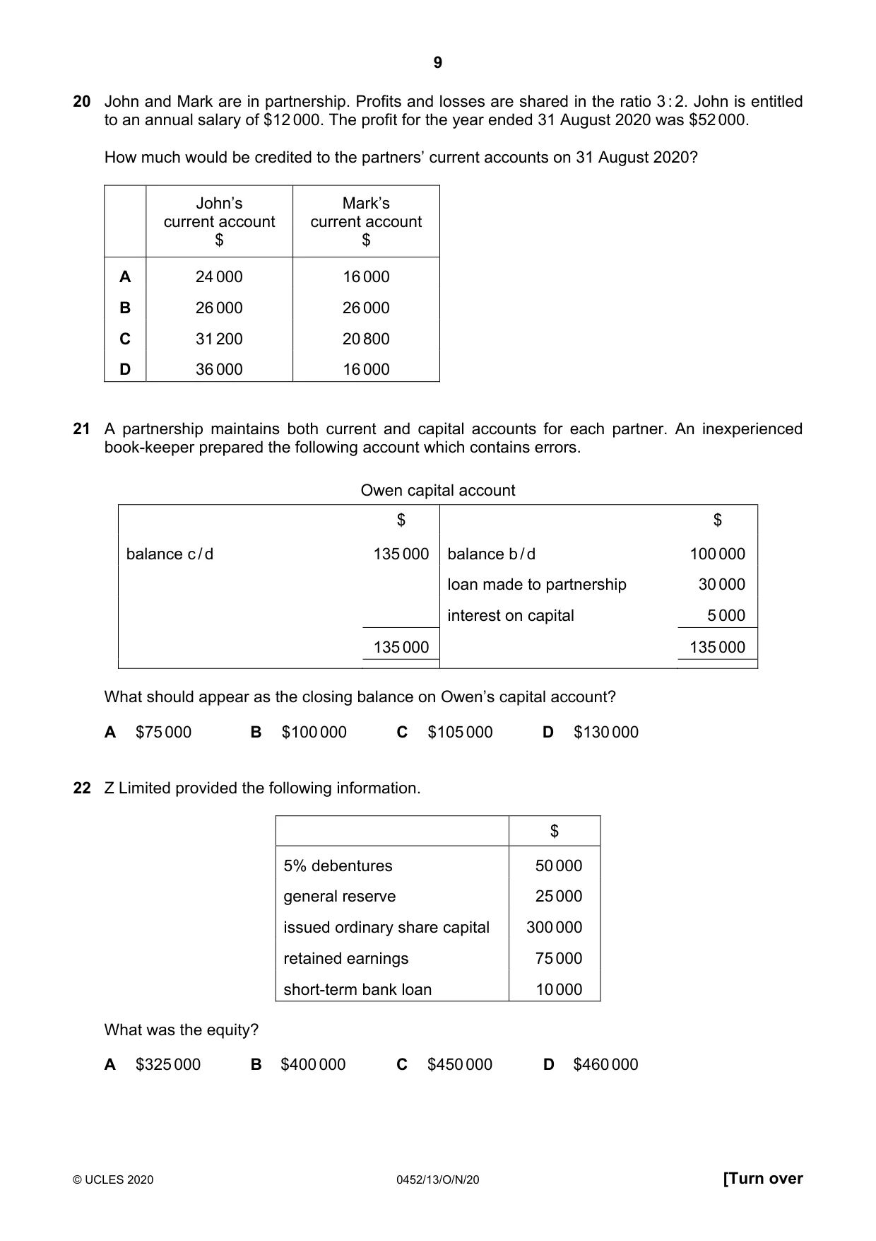 Cambridge IGCSE Accounting 0452 2020 Oct/Nov Paper 1 · Variant 3 question paper, page 9 of 16