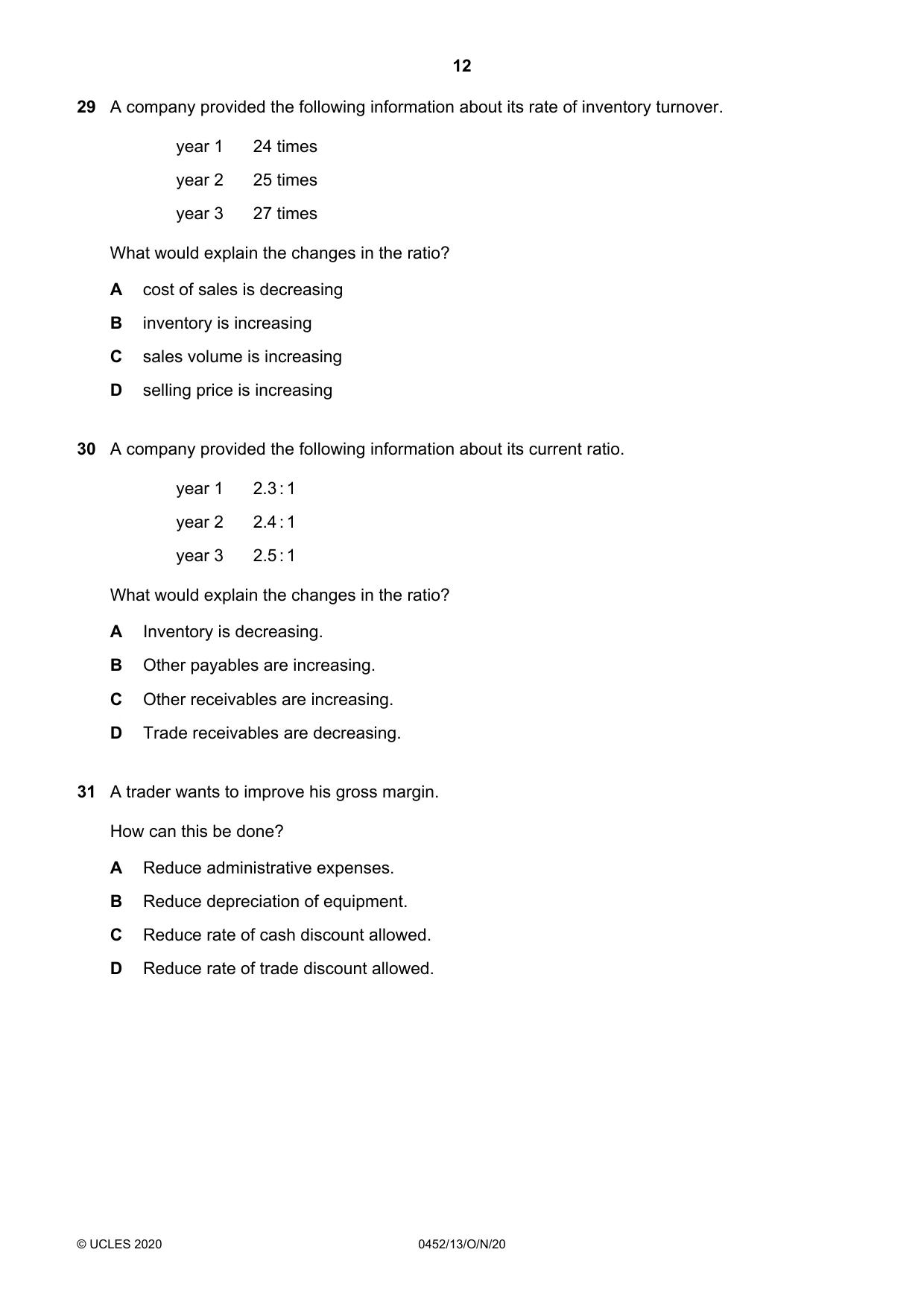 Cambridge IGCSE Accounting 0452 2020 Oct/Nov Paper 1 · Variant 3 question paper, page 12 of 16