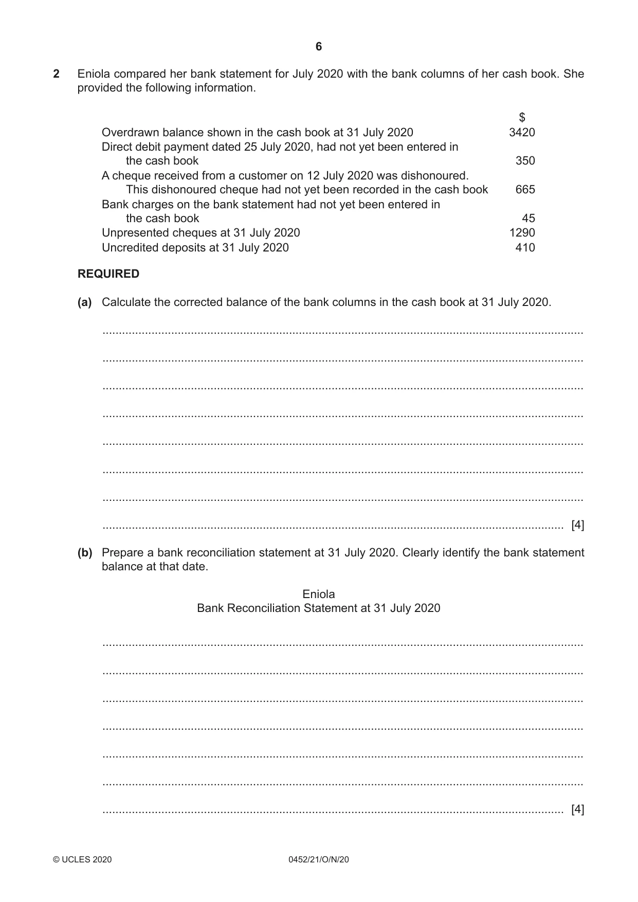 Cambridge IGCSE Accounting 0452 2020 Oct/Nov Paper 2 · Variant 1 question paper, page 6 of 20
