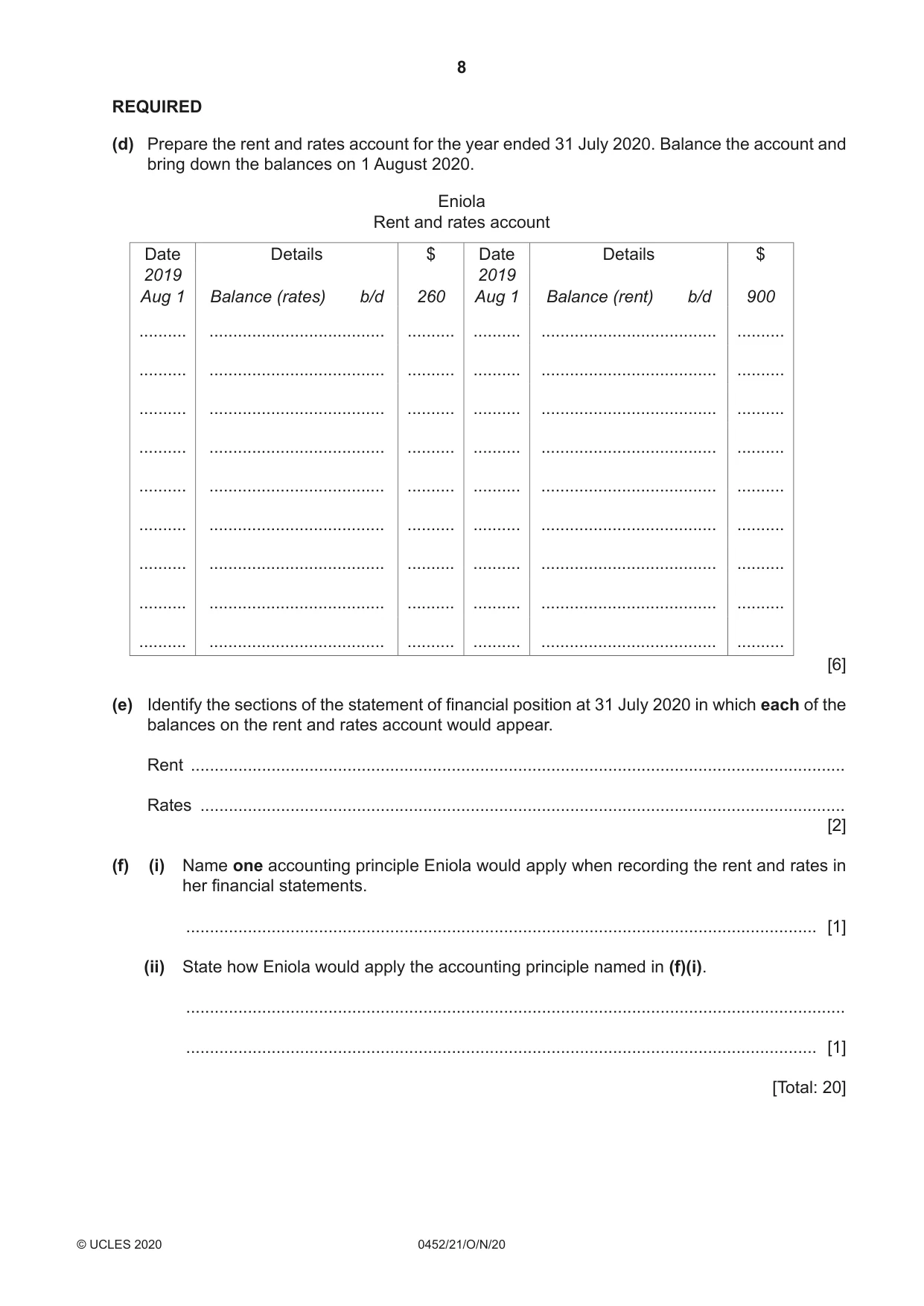 Cambridge IGCSE Accounting 0452 2020 Oct/Nov Paper 2 · Variant 1 question paper, page 8 of 20