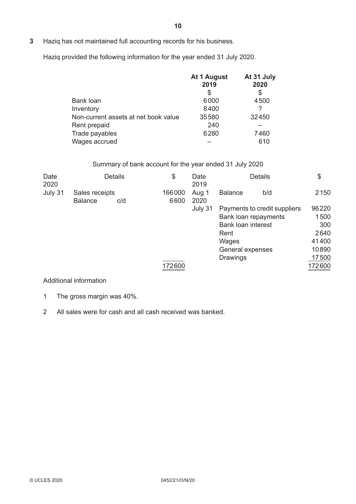 Cambridge IGCSE Accounting 0452 2020 Oct/Nov Paper 2 · Variant 1 question paper, page 10 of 20