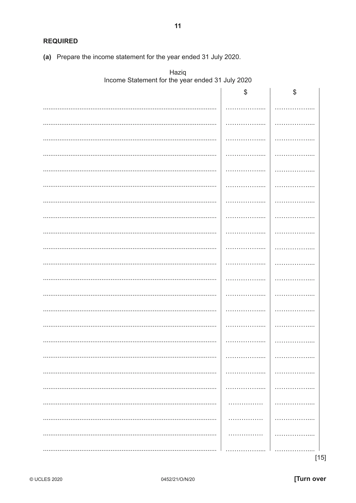 Cambridge IGCSE Accounting 0452 2020 Oct/Nov Paper 2 · Variant 1 question paper, page 11 of 20