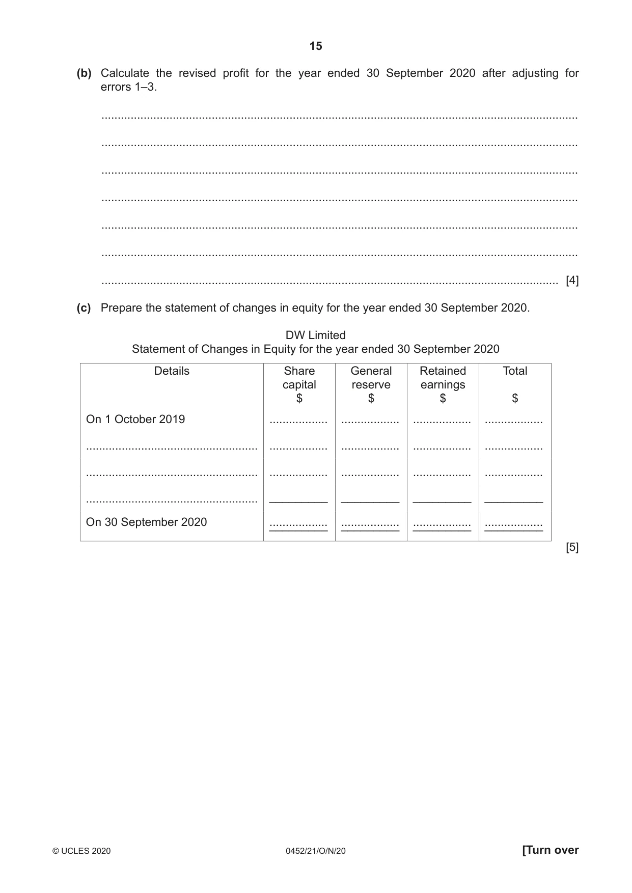 Cambridge IGCSE Accounting 0452 2020 Oct/Nov Paper 2 · Variant 1 question paper, page 15 of 20