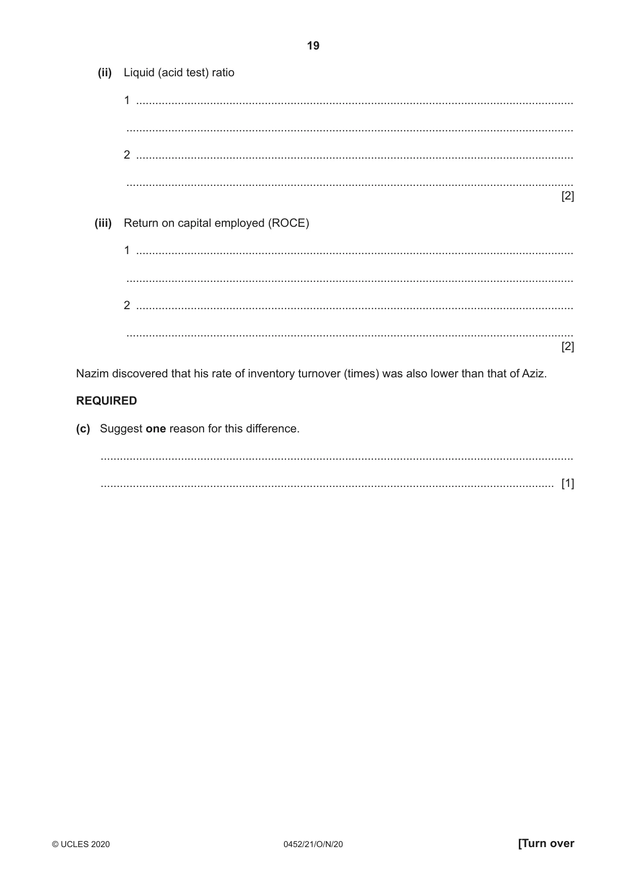 Cambridge IGCSE Accounting 0452 2020 Oct/Nov Paper 2 · Variant 1 question paper, page 19 of 20