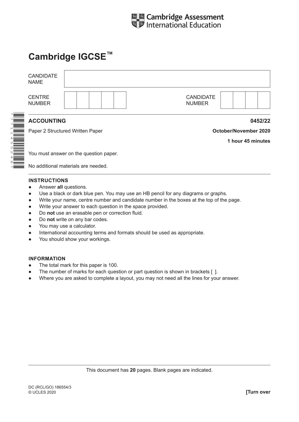 Cambridge IGCSE Accounting 0452 2020 Oct/Nov Paper 2 · Variant 2 question paper, page 1 of 20