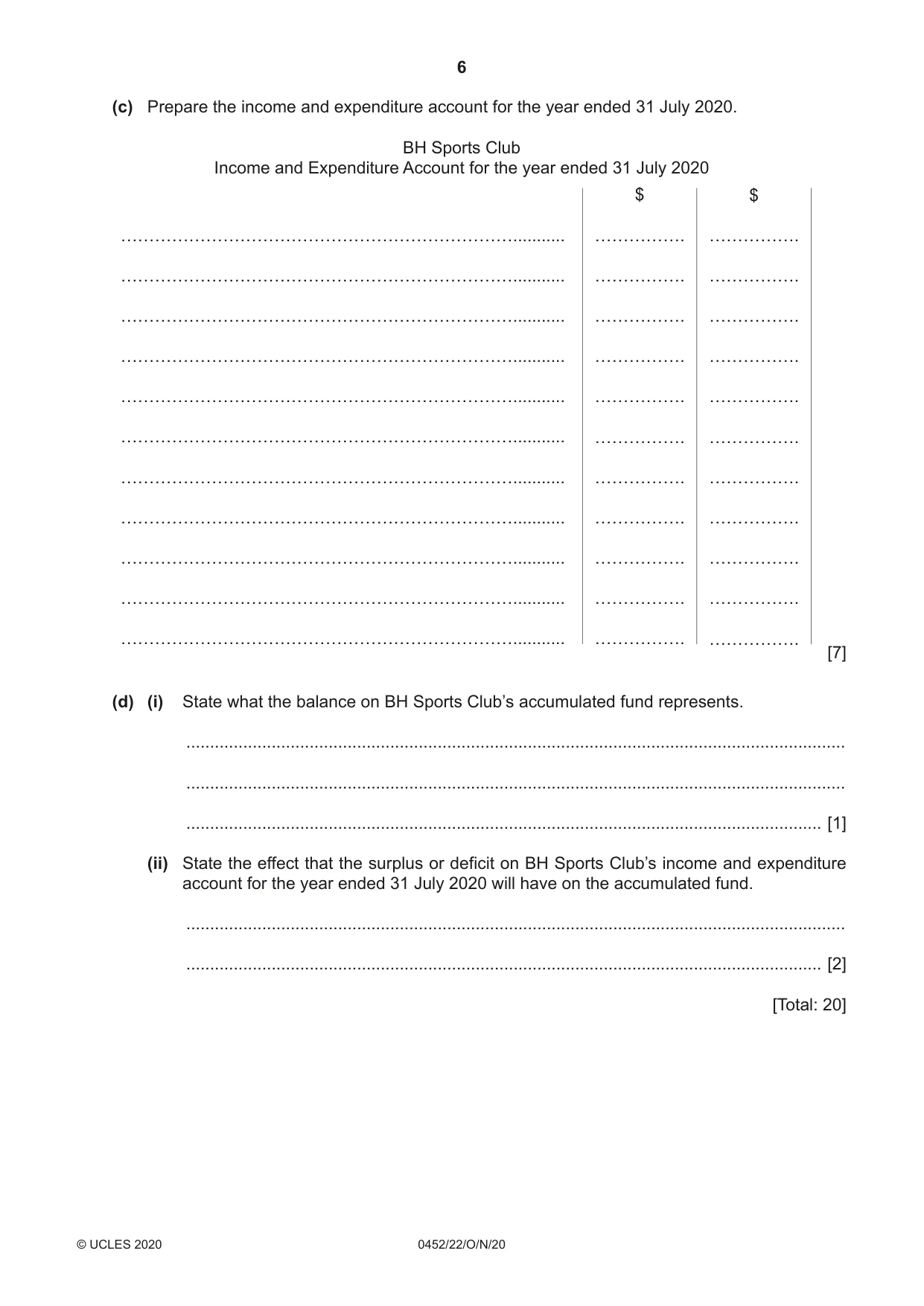 Cambridge IGCSE Accounting 0452 2020 Oct/Nov Paper 2 · Variant 2 question paper, page 6 of 20
