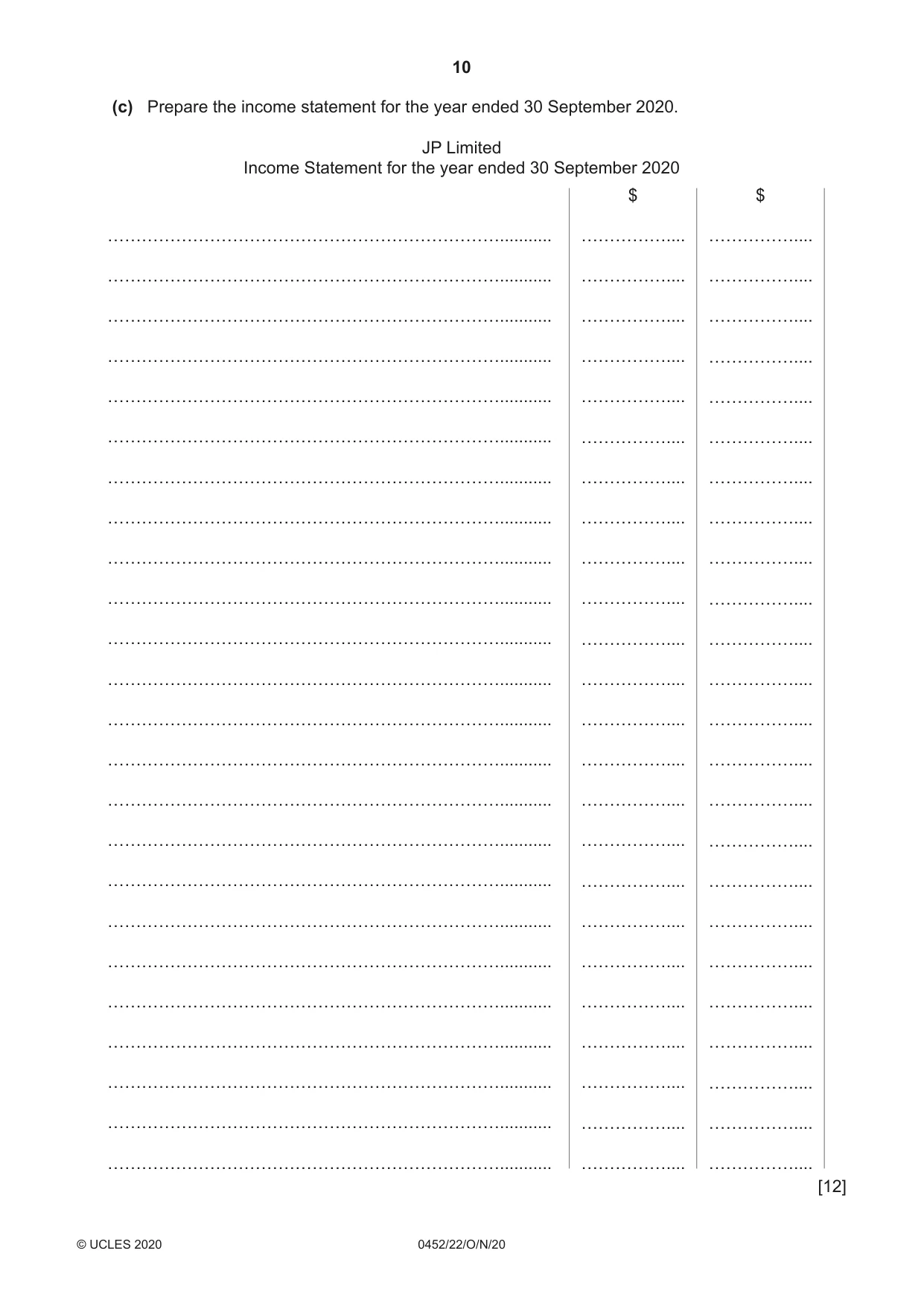 Cambridge IGCSE Accounting 0452 2020 Oct/Nov Paper 2 · Variant 2 question paper, page 10 of 20