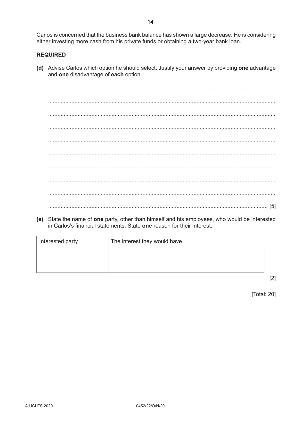 Cambridge IGCSE Accounting 0452 2020 Oct/Nov Paper 2 · Variant 2 question paper, page 14 of 20