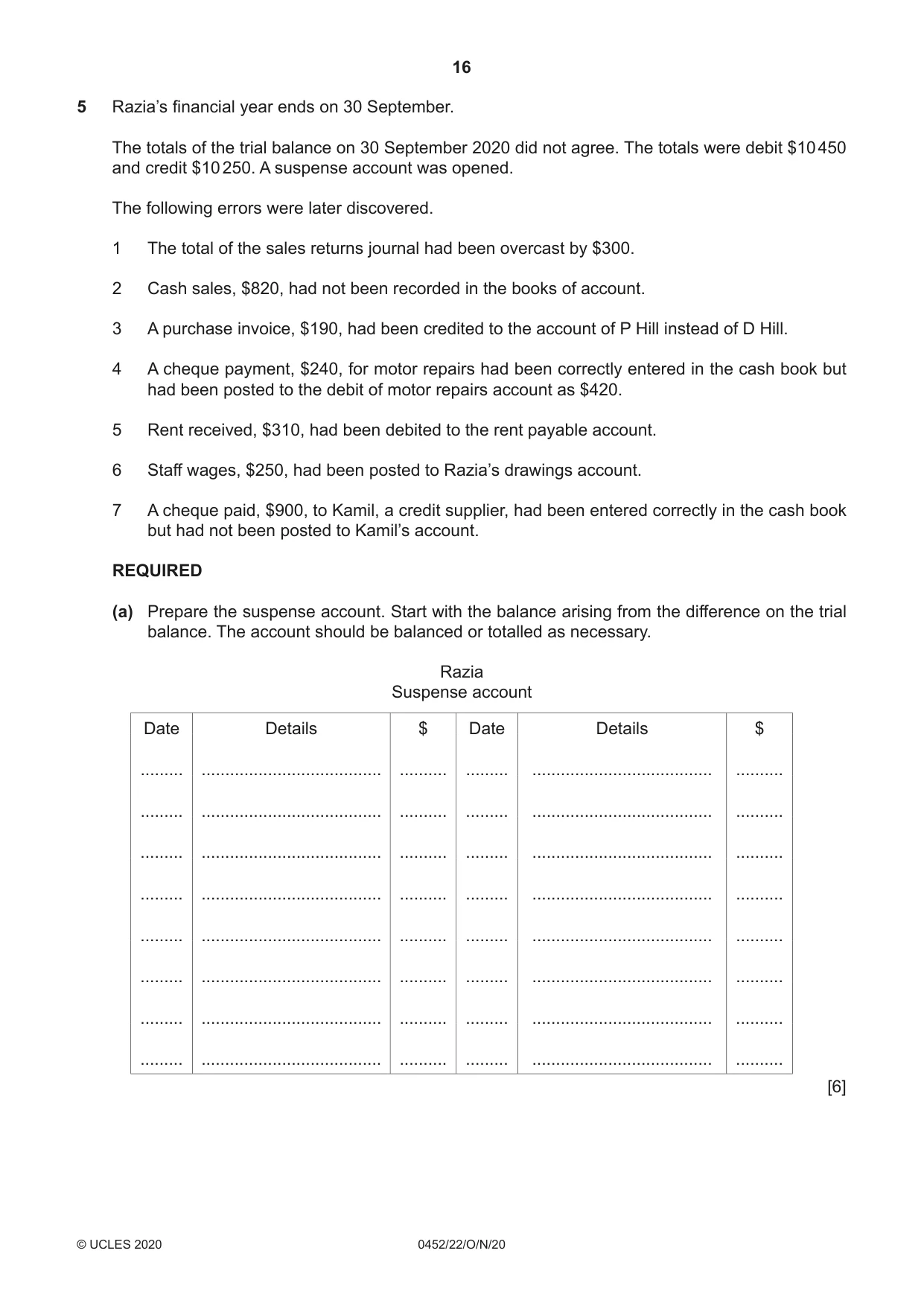 Cambridge IGCSE Accounting 0452 2020 Oct/Nov Paper 2 · Variant 2 question paper, page 16 of 20