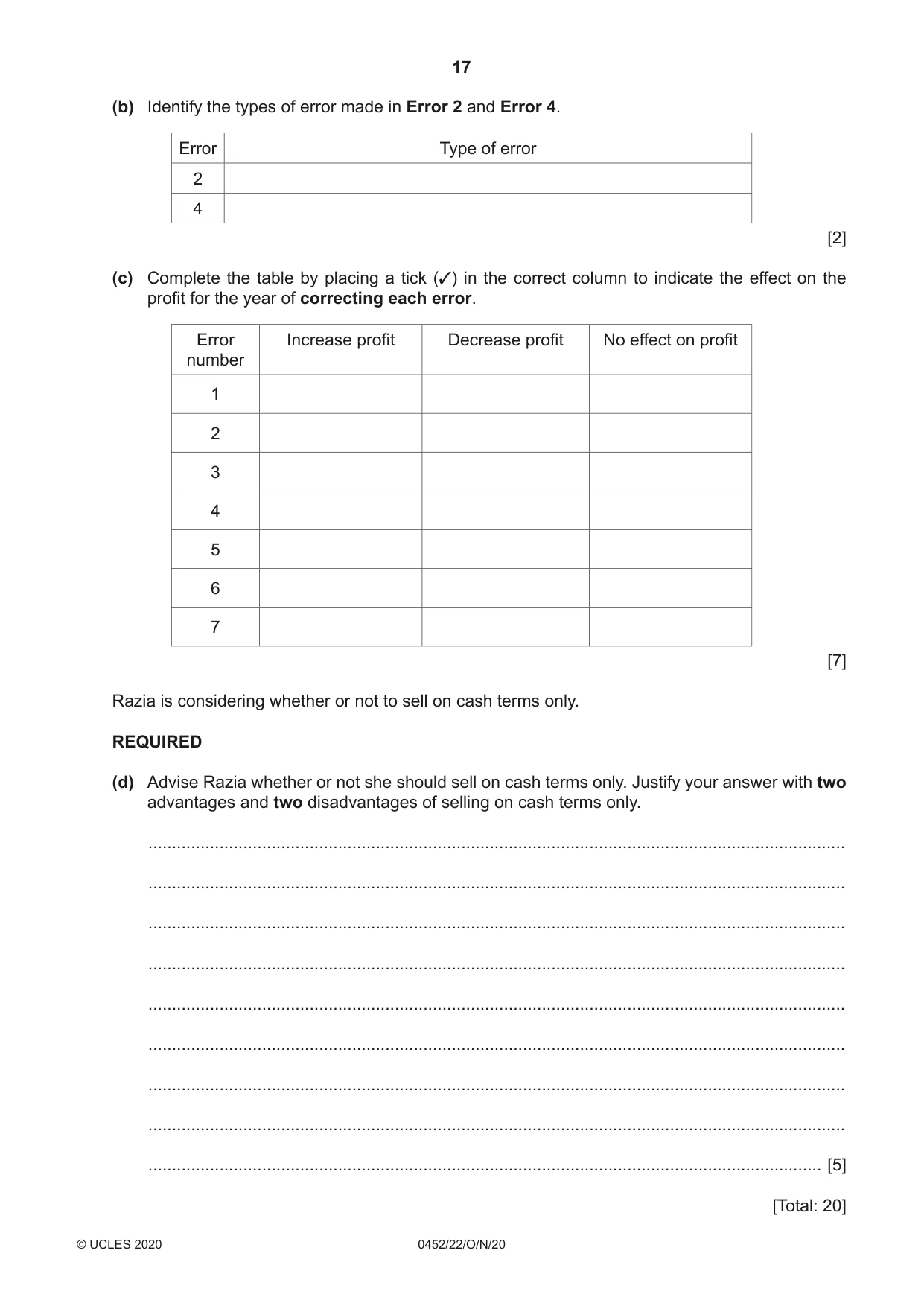 Cambridge IGCSE Accounting 0452 2020 Oct/Nov Paper 2 · Variant 2 question paper, page 17 of 20
