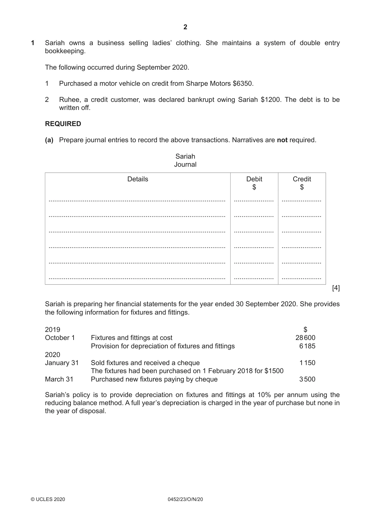 Cambridge IGCSE Accounting 0452 2020 Oct/Nov Paper 2 · Variant 3 question paper, page 2 of 20