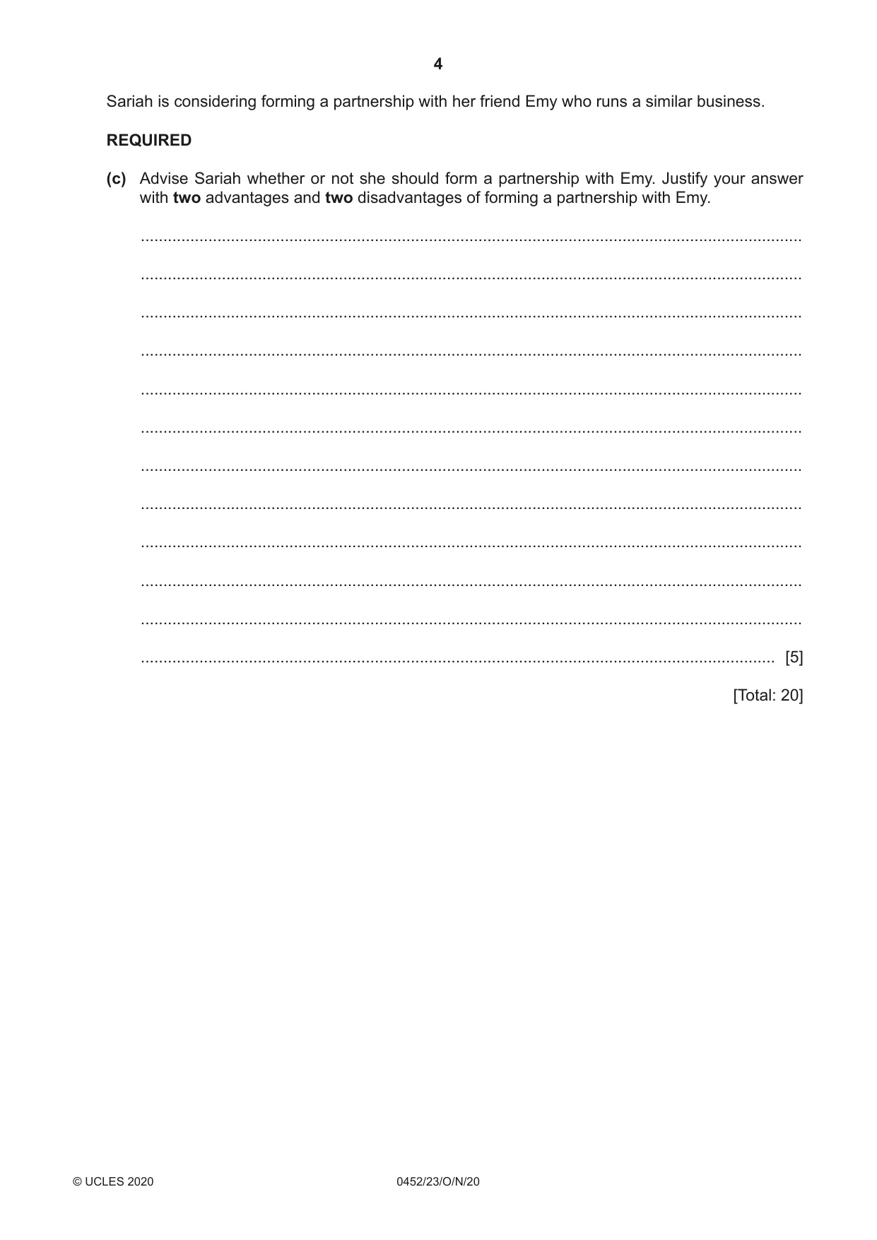 Cambridge IGCSE Accounting 0452 2020 Oct/Nov Paper 2 · Variant 3 question paper, page 4 of 20
