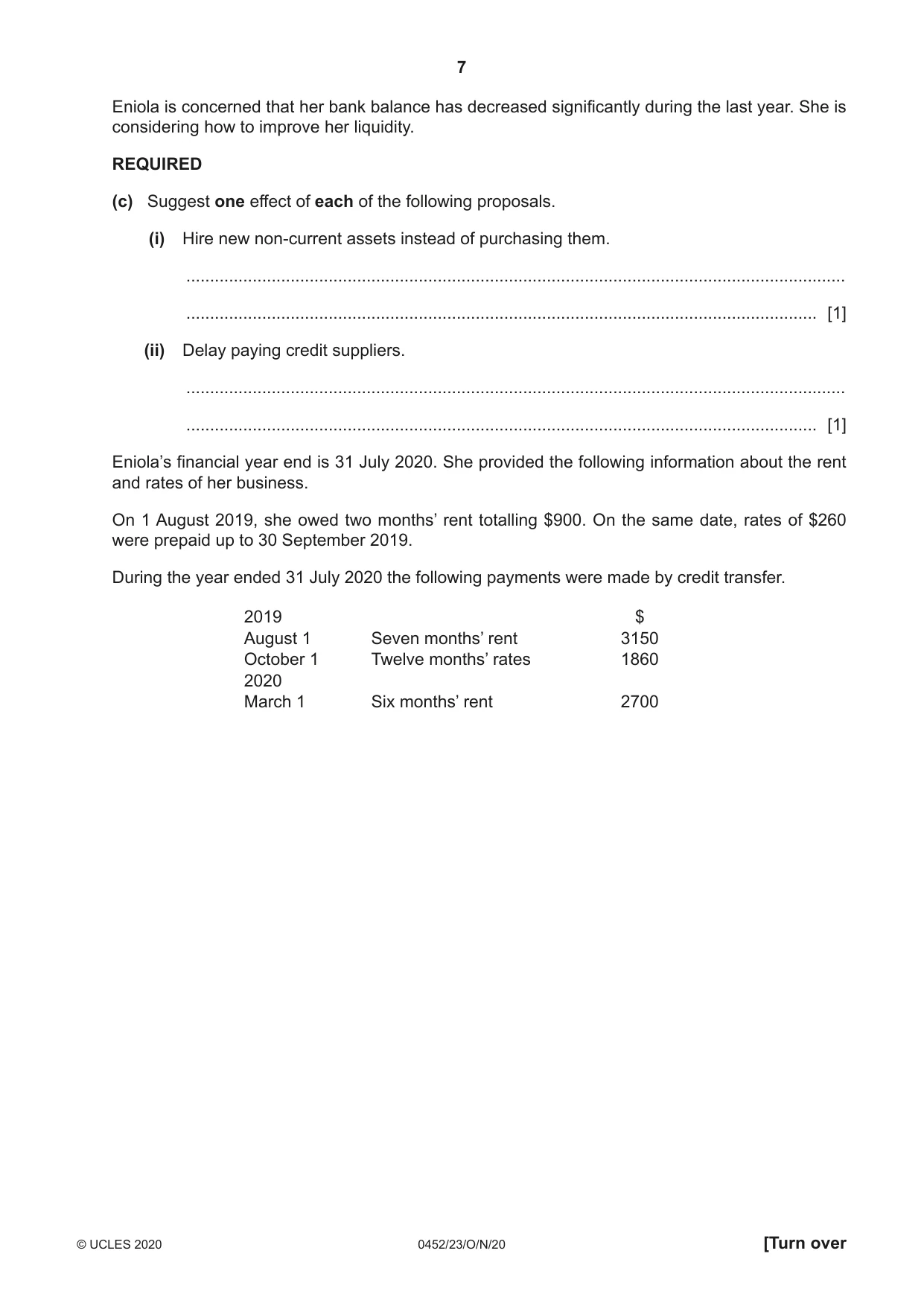 Cambridge IGCSE Accounting 0452 2020 Oct/Nov Paper 2 · Variant 3 question paper, page 7 of 20
