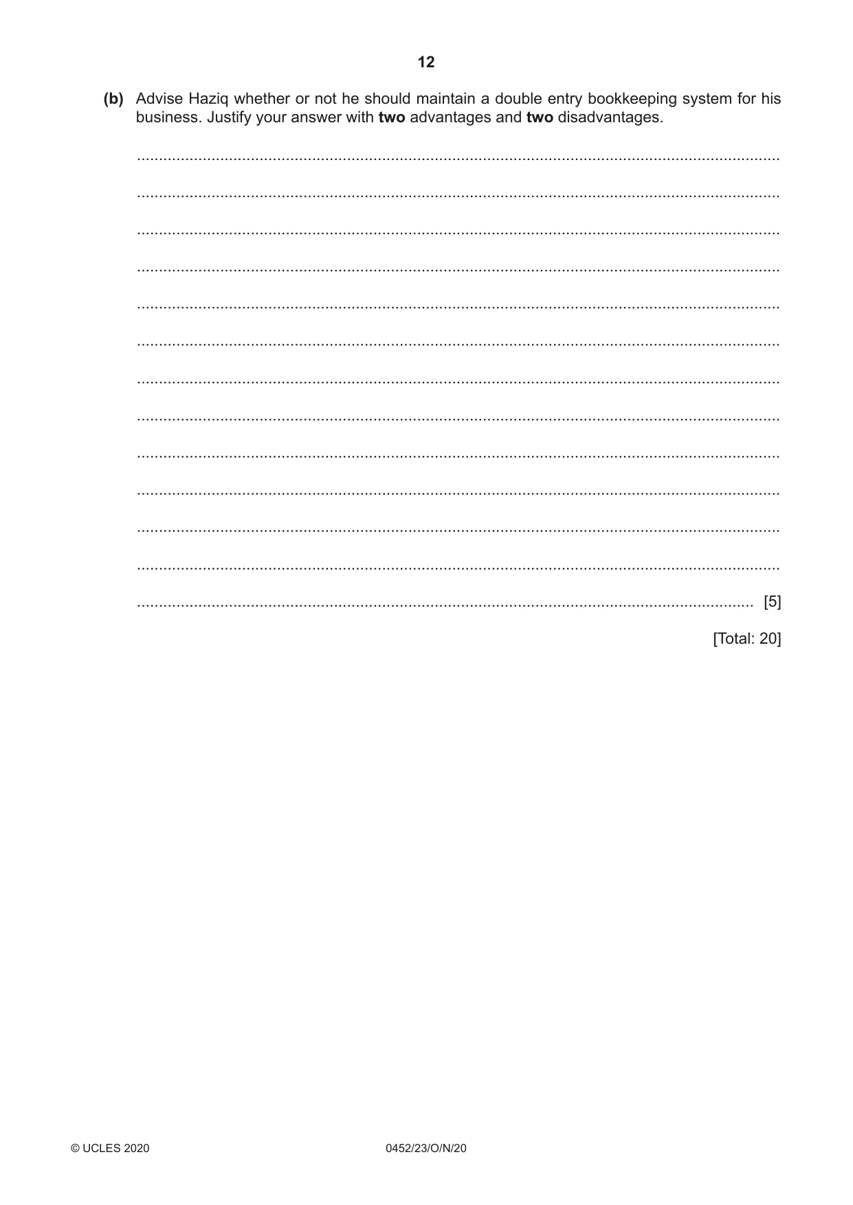Cambridge IGCSE Accounting 0452 2020 Oct/Nov Paper 2 · Variant 3 question paper, page 12 of 20