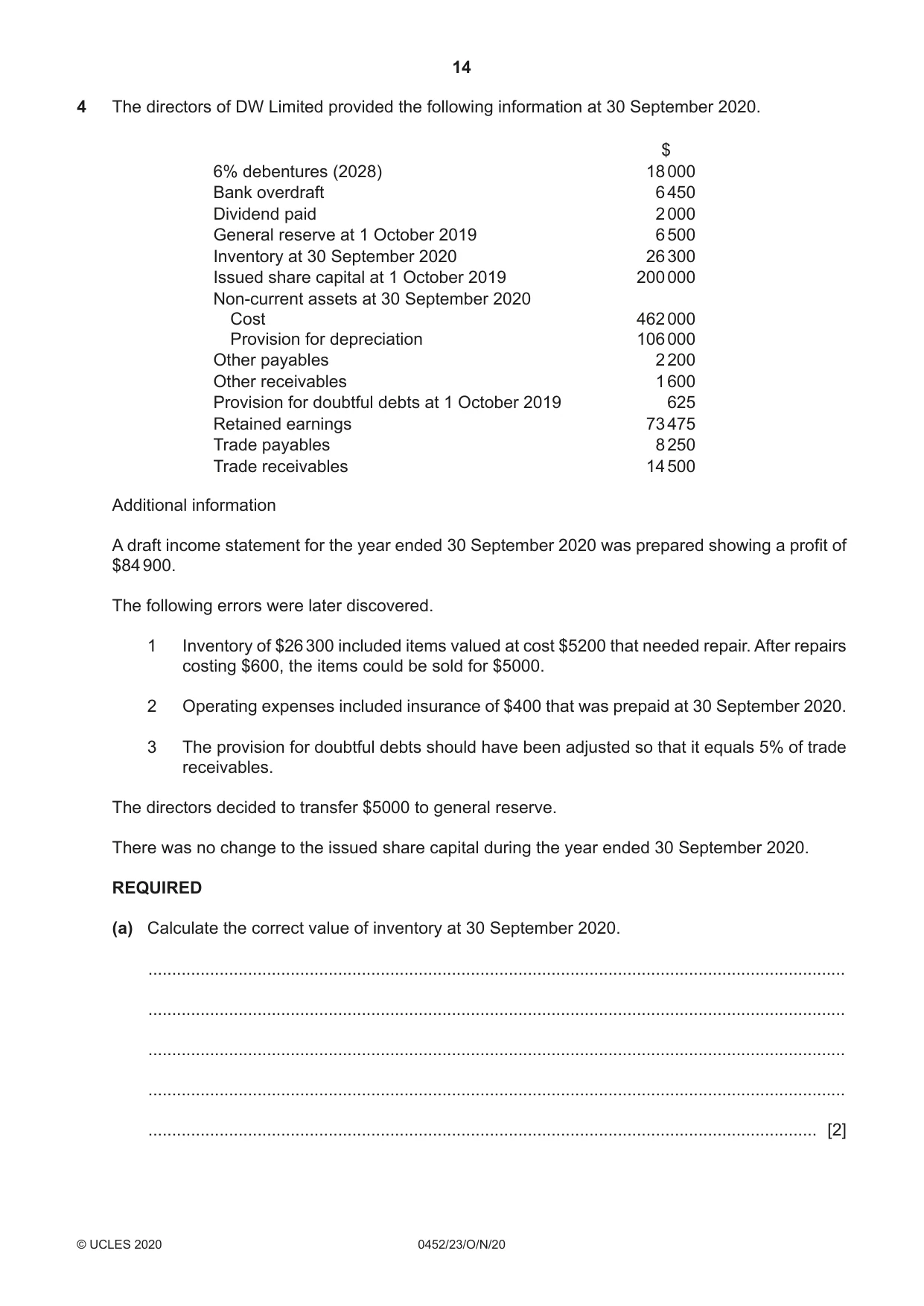 Cambridge IGCSE Accounting 0452 2020 Oct/Nov Paper 2 · Variant 3 question paper, page 14 of 20
