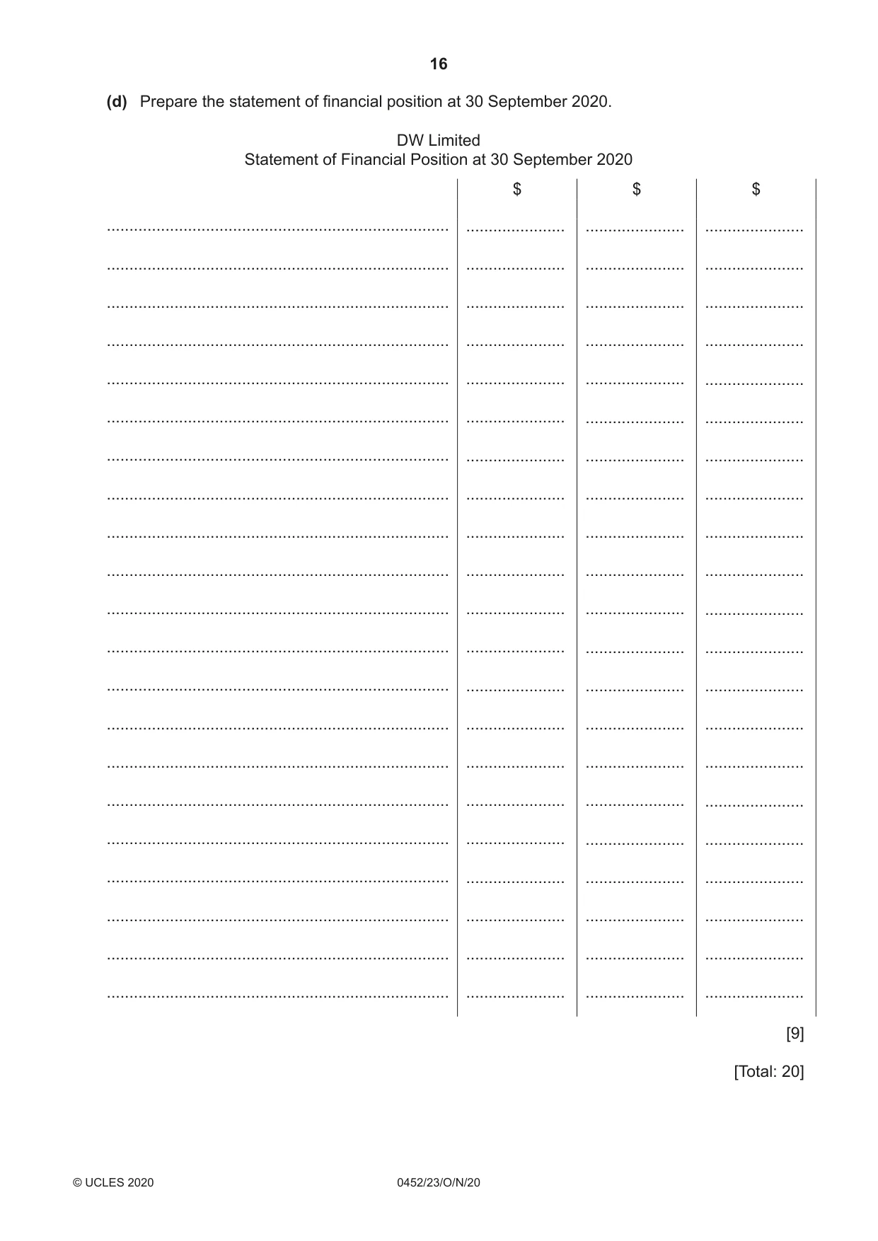 Cambridge IGCSE Accounting 0452 2020 Oct/Nov Paper 2 · Variant 3 question paper, page 16 of 20
