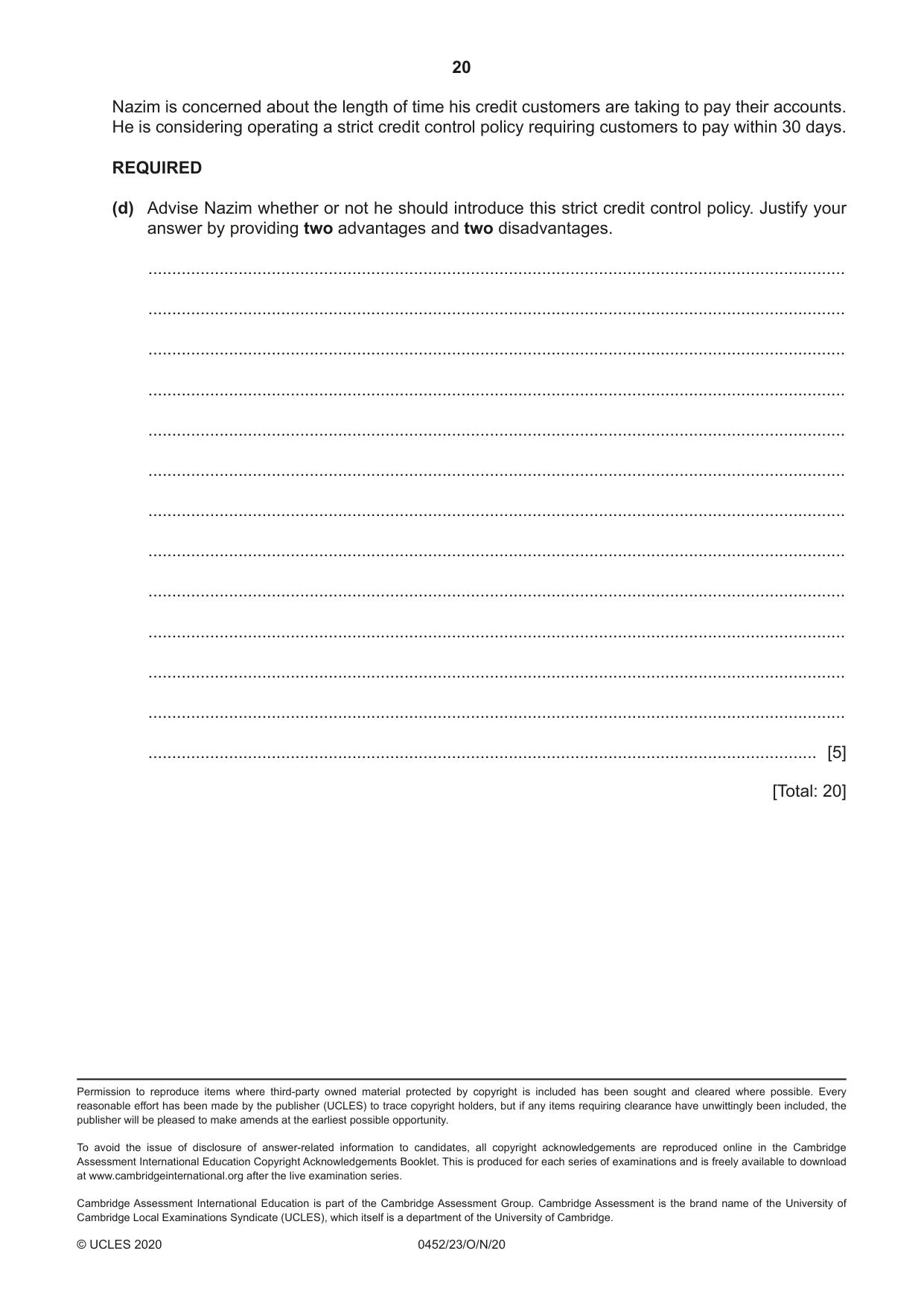 Cambridge IGCSE Accounting 0452 2020 Oct/Nov Paper 2 · Variant 3 question paper, page 20 of 20