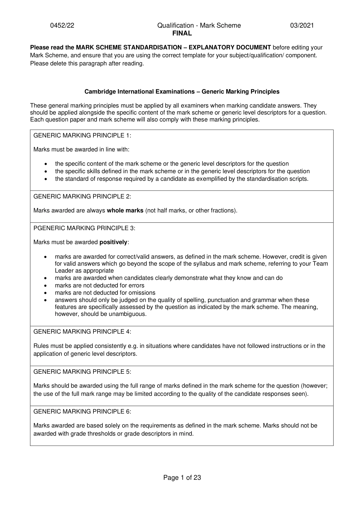 Mark scheme, page 1 of 23
