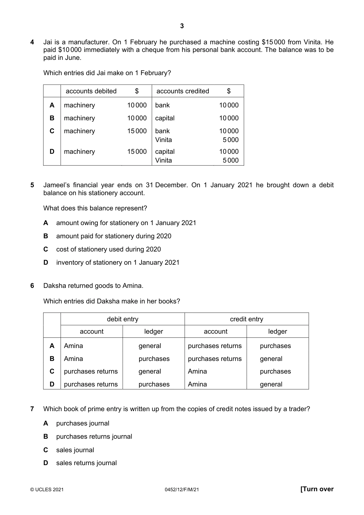Cambridge IGCSE Accounting 0452 2021 Feb/March Paper 1 · Variant 2 question paper, page 3 of 16
