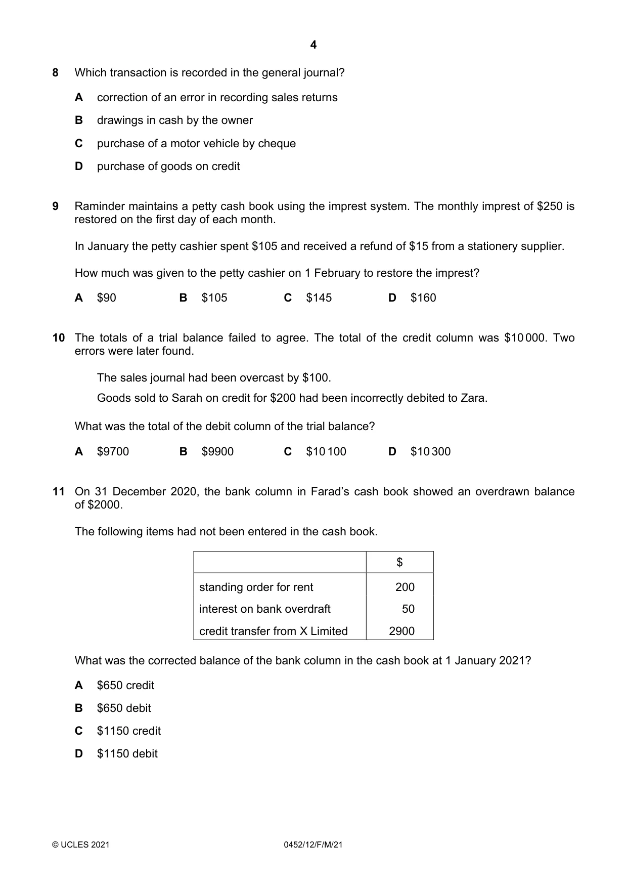 Cambridge IGCSE Accounting 0452 2021 Feb/March Paper 1 · Variant 2 question paper, page 4 of 16