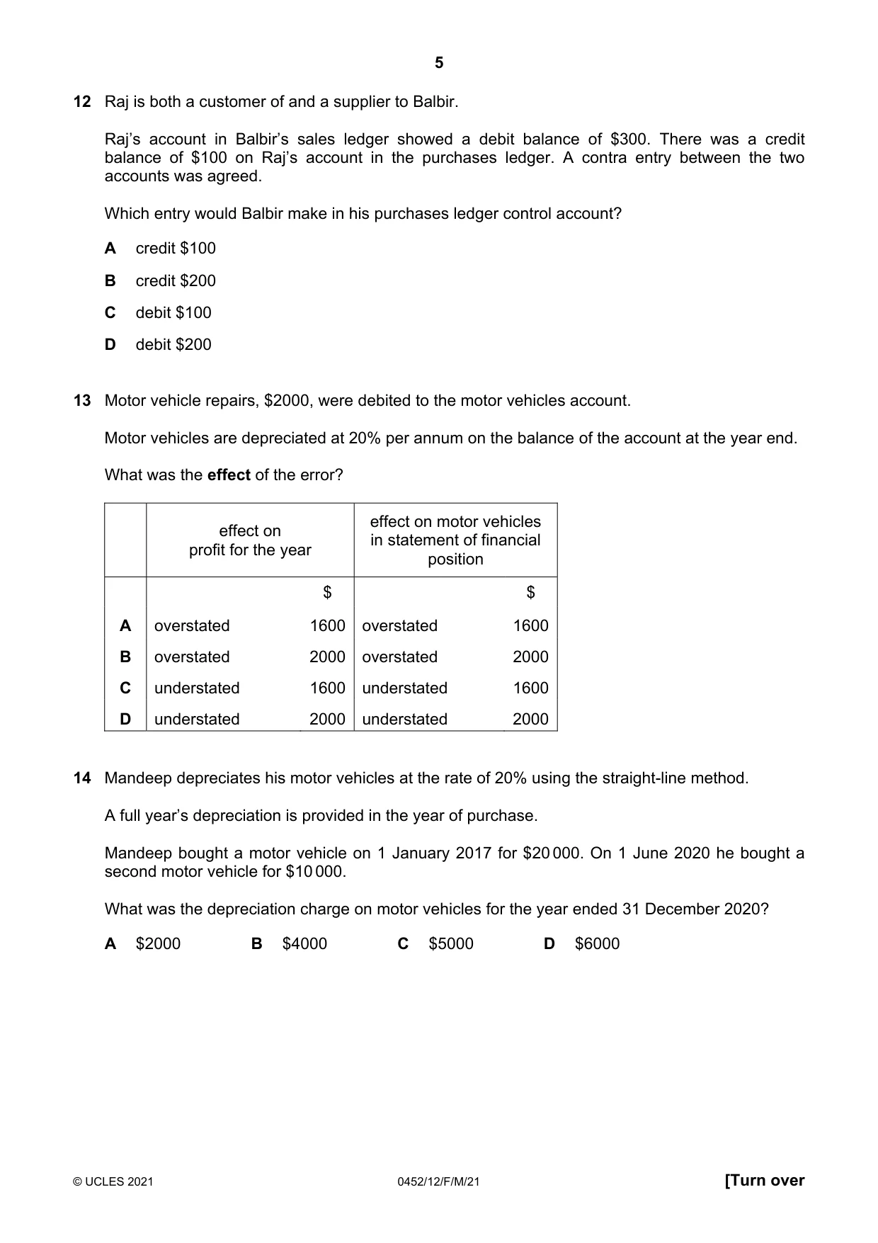 Cambridge IGCSE Accounting 0452 2021 Feb/March Paper 1 · Variant 2 question paper, page 5 of 16