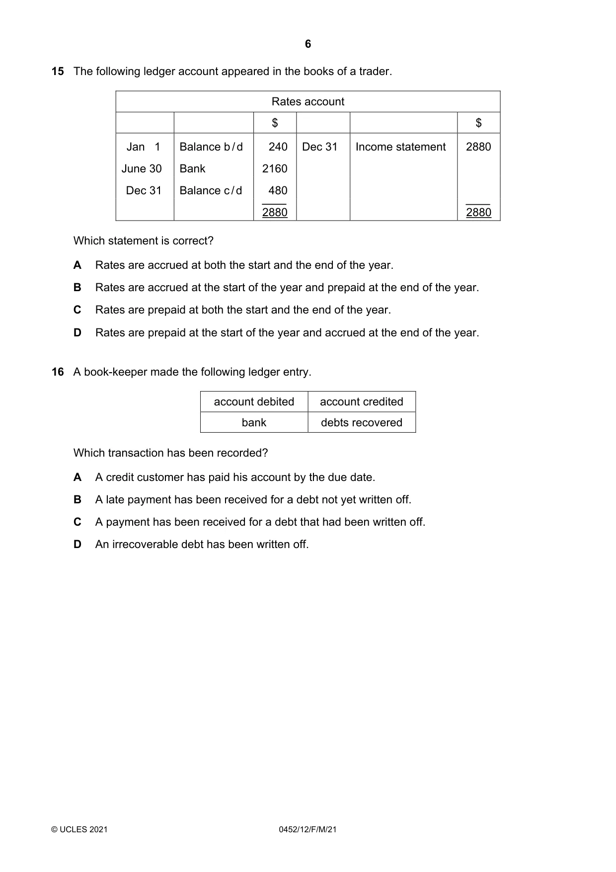 Cambridge IGCSE Accounting 0452 2021 Feb/March Paper 1 · Variant 2 question paper, page 6 of 16