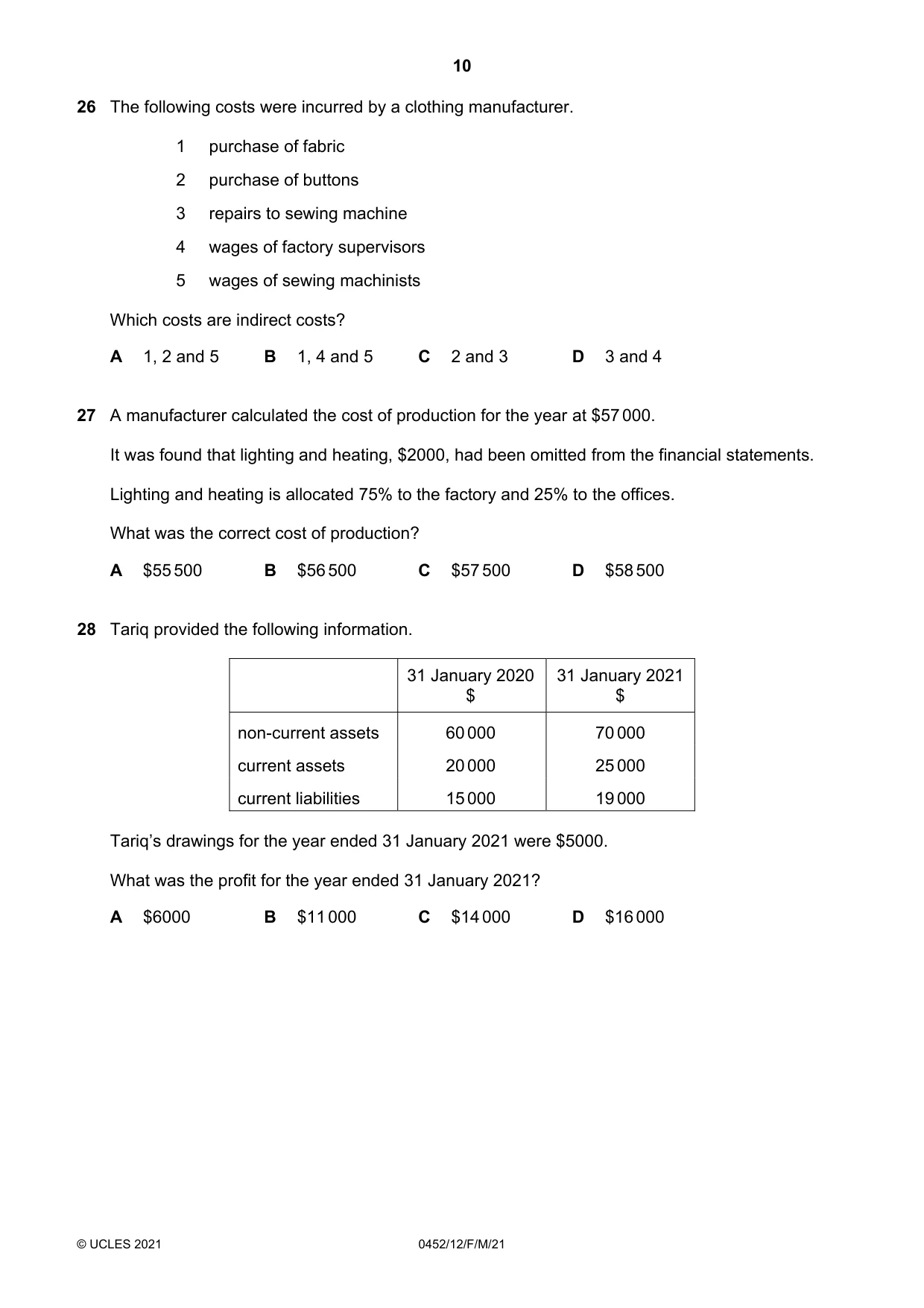 Cambridge IGCSE Accounting 0452 2021 Feb/March Paper 1 · Variant 2 question paper, page 10 of 16