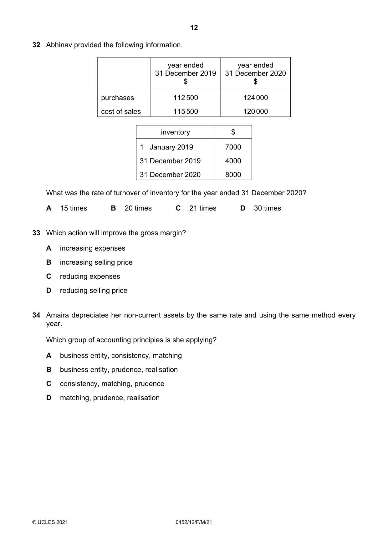 Cambridge IGCSE Accounting 0452 2021 Feb/March Paper 1 · Variant 2 question paper, page 12 of 16