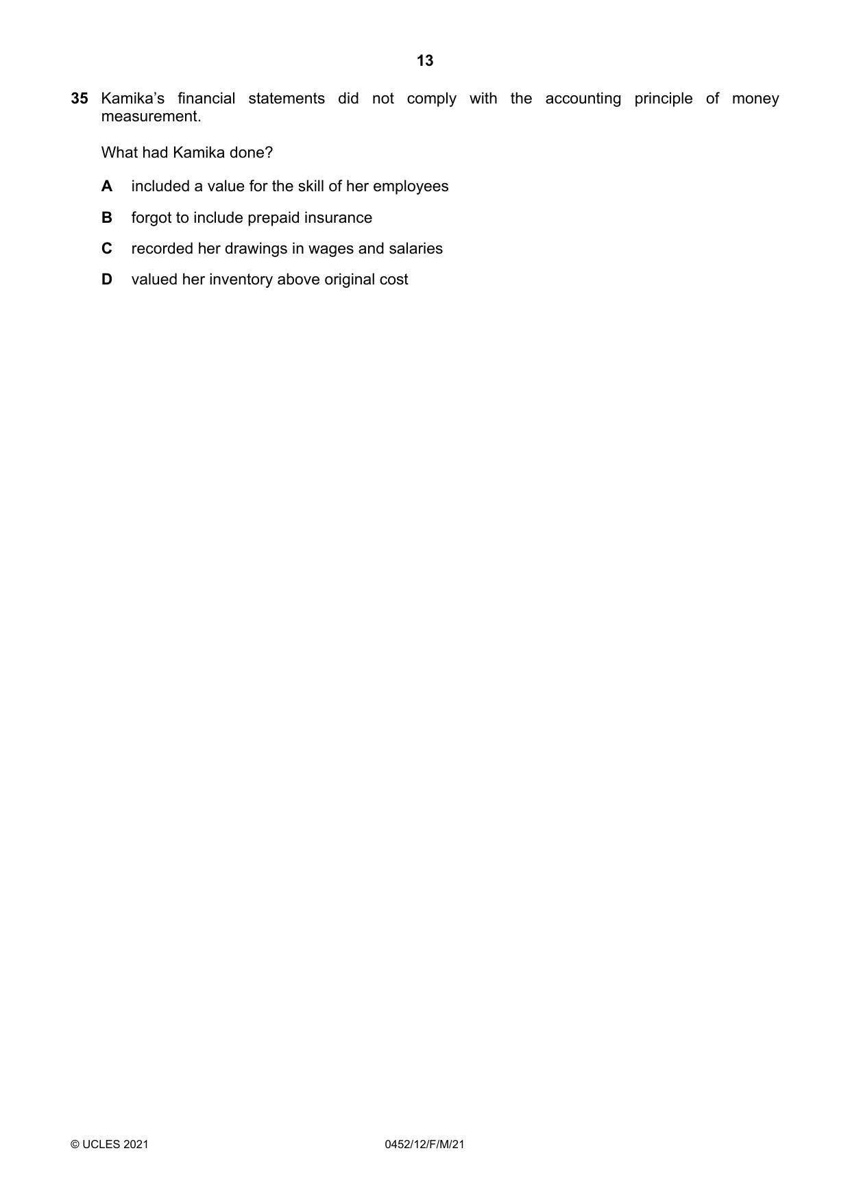 Cambridge IGCSE Accounting 0452 2021 Feb/March Paper 1 · Variant 2 question paper, page 13 of 16