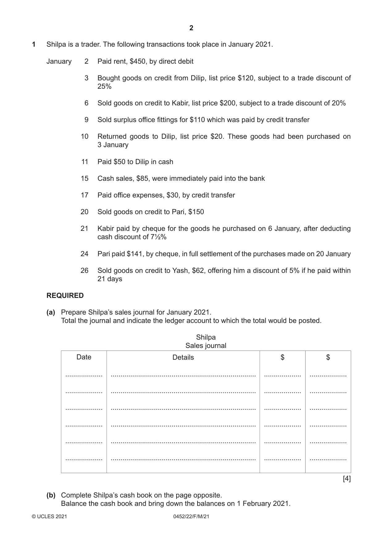 Cambridge IGCSE Accounting 0452 2021 Feb/March Paper 2 · Variant 2 question paper, page 2 of 20