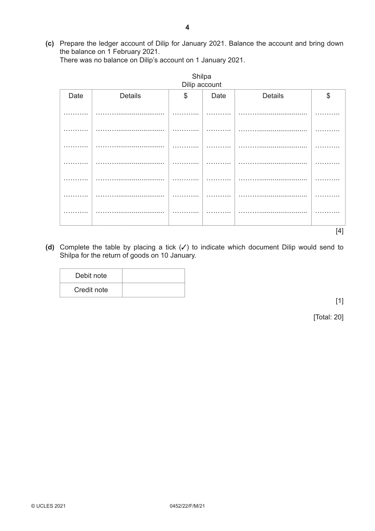 Cambridge IGCSE Accounting 0452 2021 Feb/March Paper 2 · Variant 2 question paper, page 4 of 20