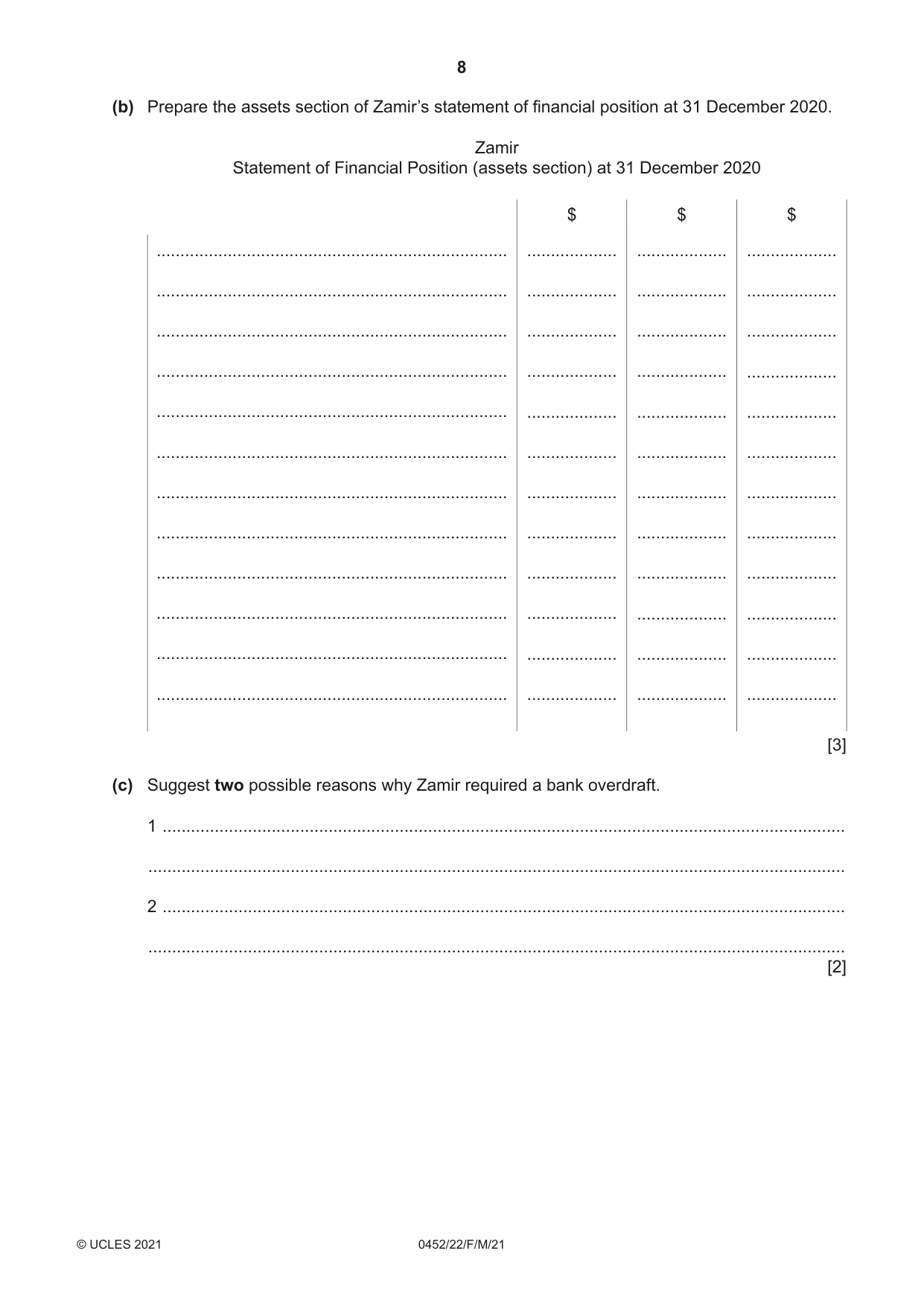 Cambridge IGCSE Accounting 0452 2021 Feb/March Paper 2 · Variant 2 question paper, page 8 of 20