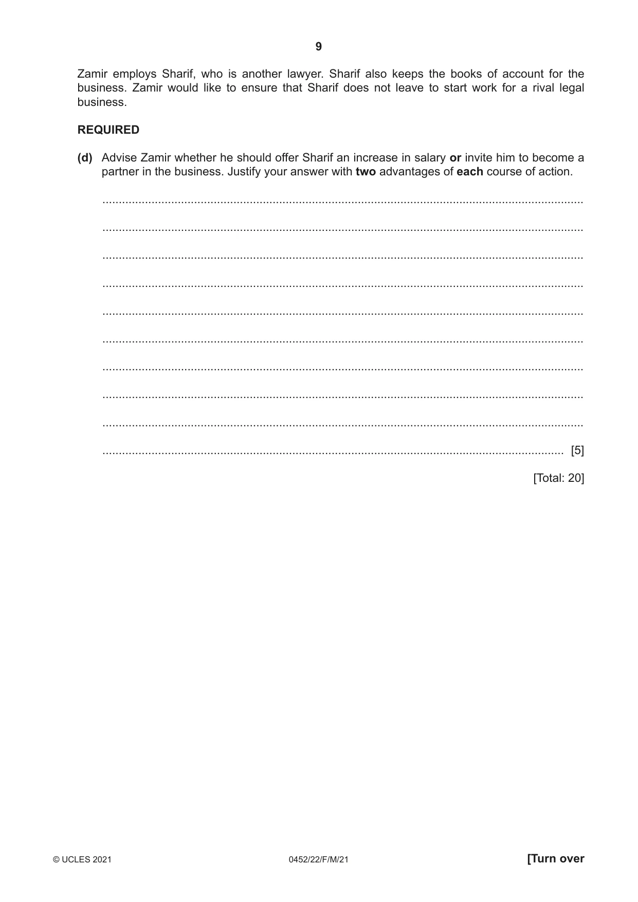 Cambridge IGCSE Accounting 0452 2021 Feb/March Paper 2 · Variant 2 question paper, page 9 of 20
