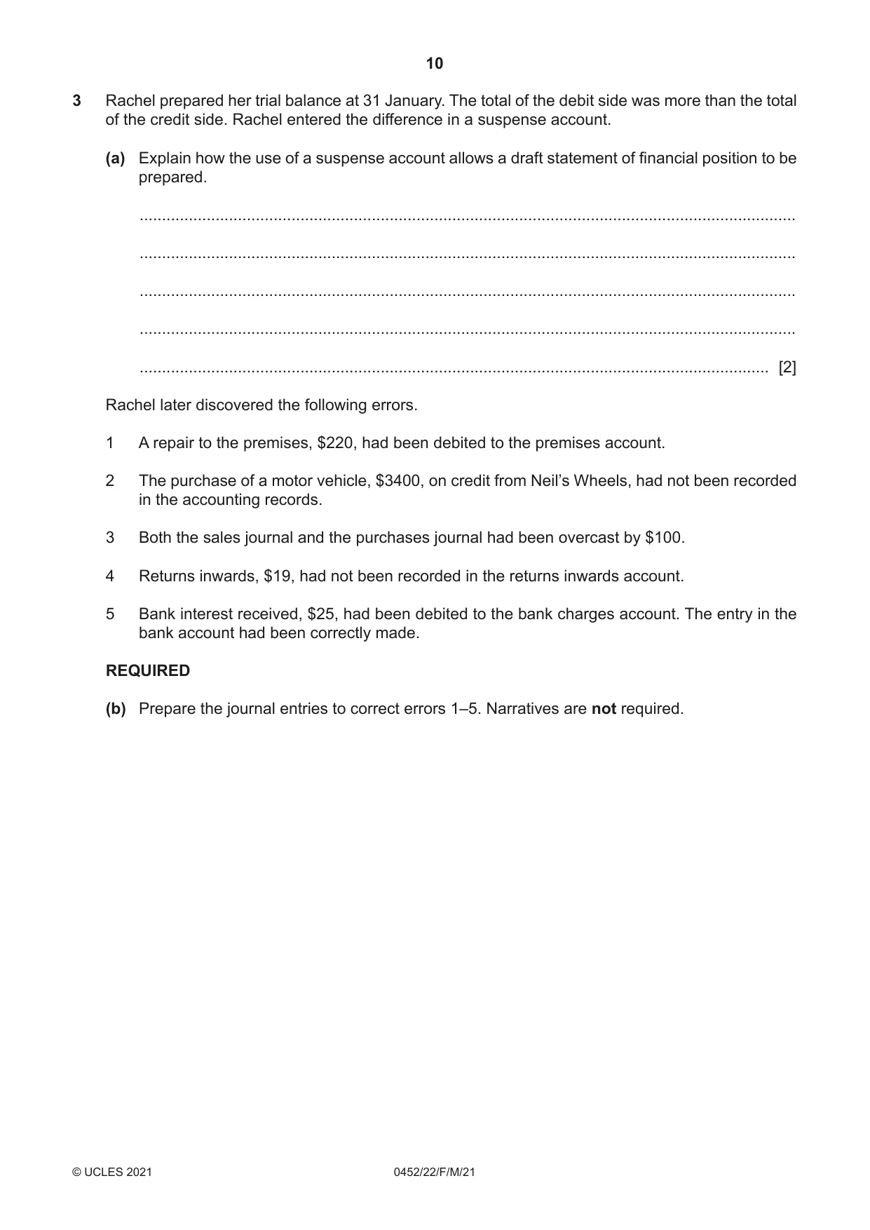 Cambridge IGCSE Accounting 0452 2021 Feb/March Paper 2 · Variant 2 question paper, page 10 of 20