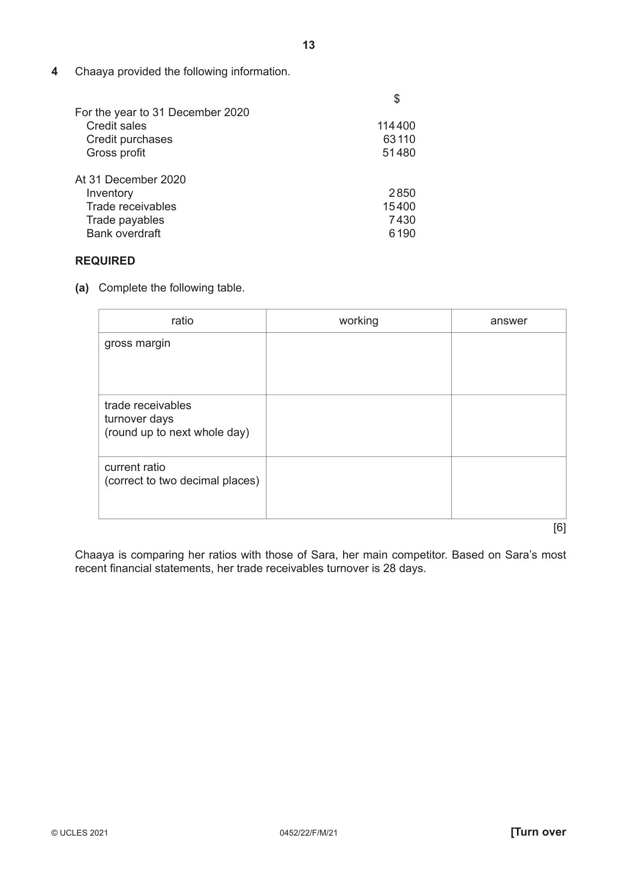 Cambridge IGCSE Accounting 0452 2021 Feb/March Paper 2 · Variant 2 question paper, page 13 of 20