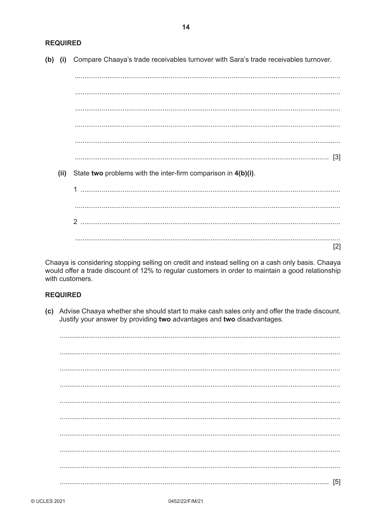 Cambridge IGCSE Accounting 0452 2021 Feb/March Paper 2 · Variant 2 question paper, page 14 of 20