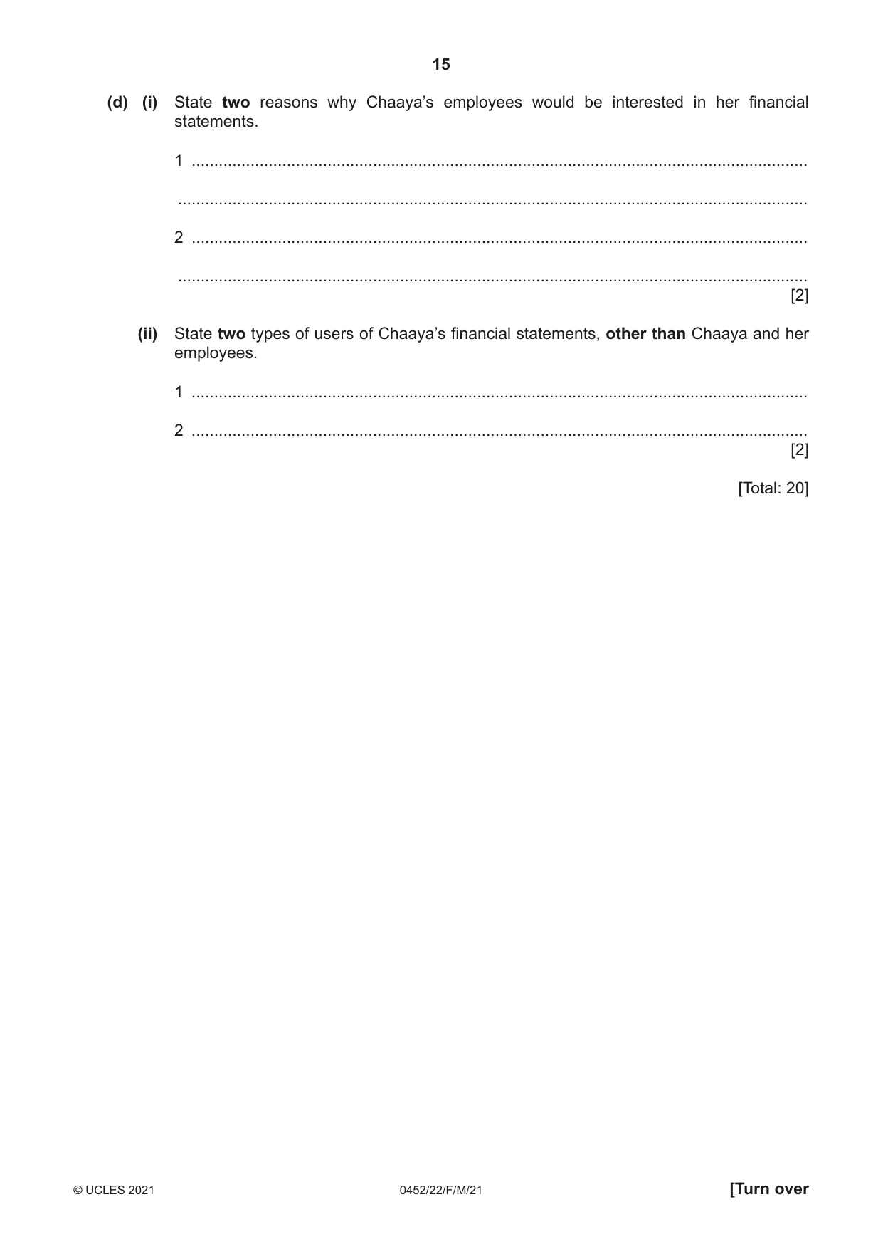 Cambridge IGCSE Accounting 0452 2021 Feb/March Paper 2 · Variant 2 question paper, page 15 of 20